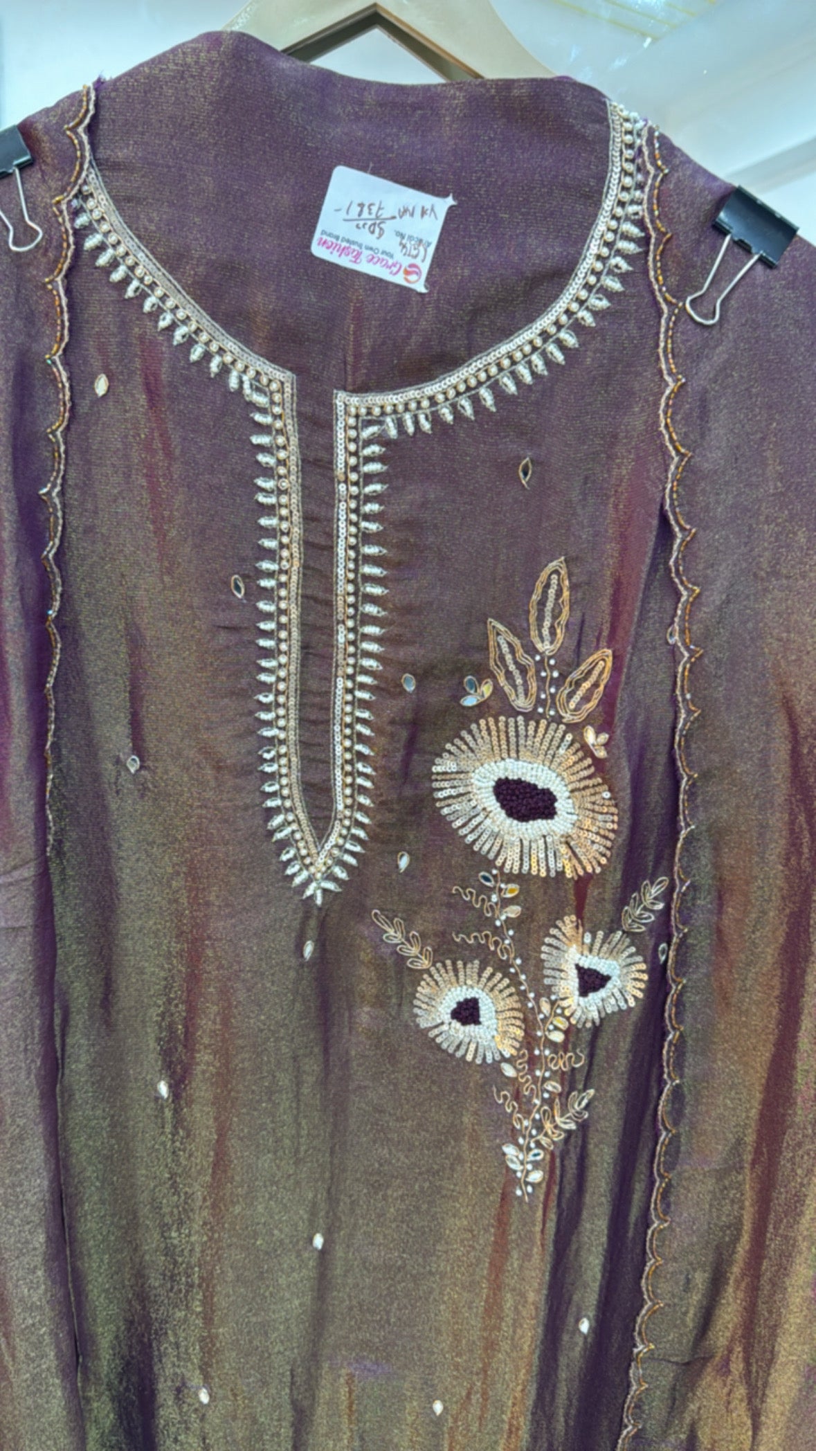 Elegant and designer pure shimmer silk designer handwork suit material along shimmer silk dupatta GF582