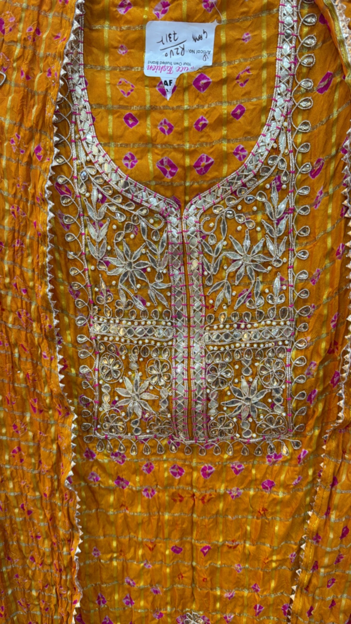 hot seller crushed bandhani silk material with hand gota work along with crushed bandhani dupatta GF 460
