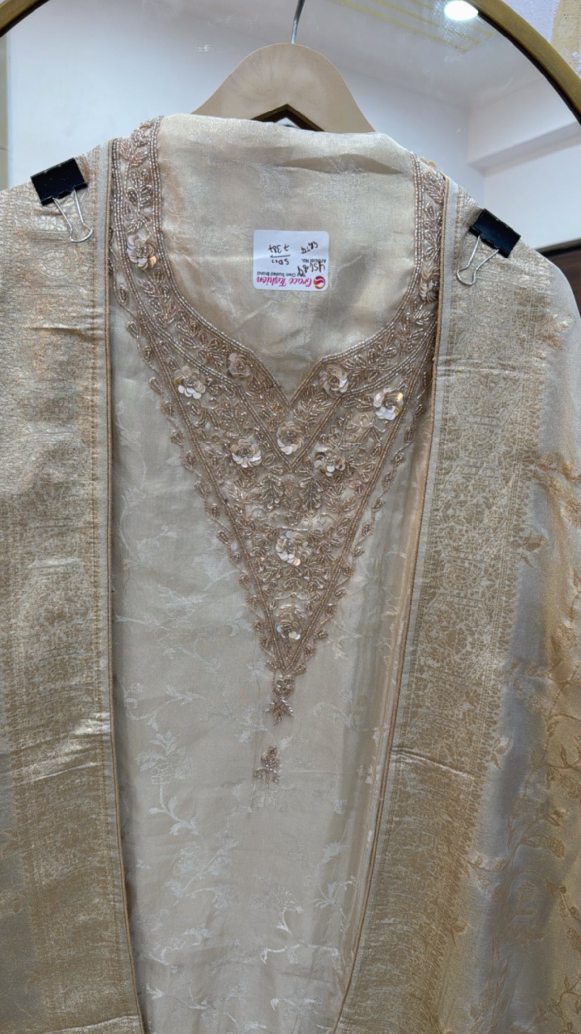 Elegant and trending pure shimmer silk golden ivory suit material along with designer neck and shimmer silk dupatta GF 580