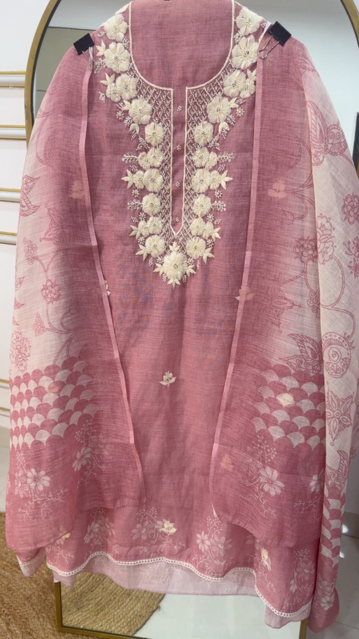 Pure cotton linen summer special hand work detailing over neck along with digital printed pure linen dupatta GF1140 Blush Rose Pink