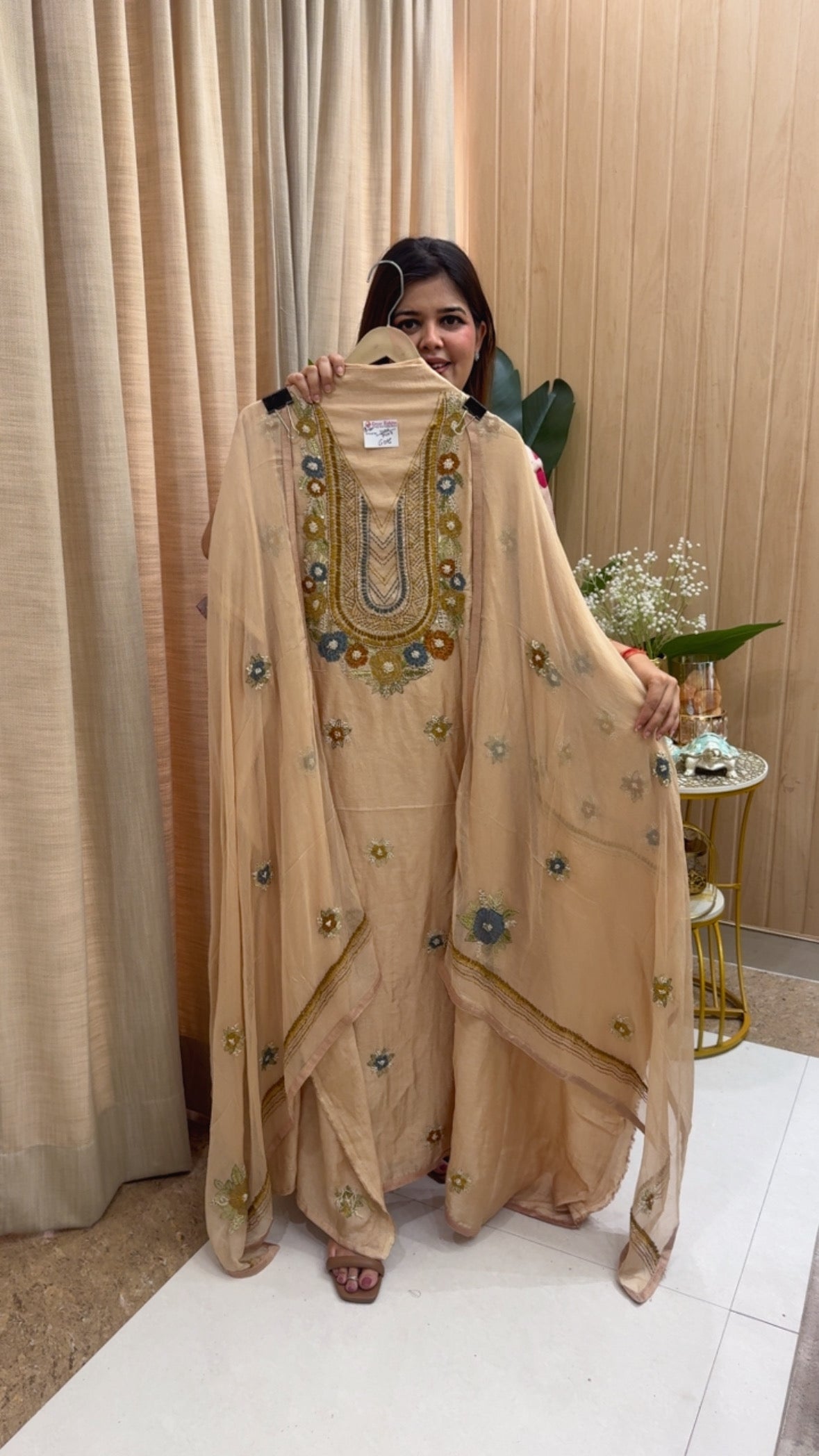 Raw silk royal suit material along with premium hand embroidery Kantha work detailing super elegant look with classy Mul chiffon dupatta GF1193