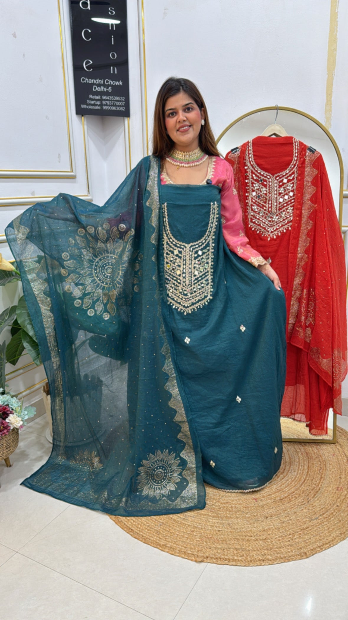 Latest mirror special soft mul chanderi silk suit material along with designer neck work and with full Mukesh work dupatta GF 596