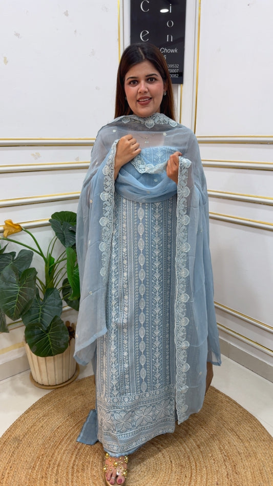 Lucknowi chikankari Beautiful pure Georgette full chikankari work Lucknowi suit material with pure chiffon dupatta GF1152 Mist Blue