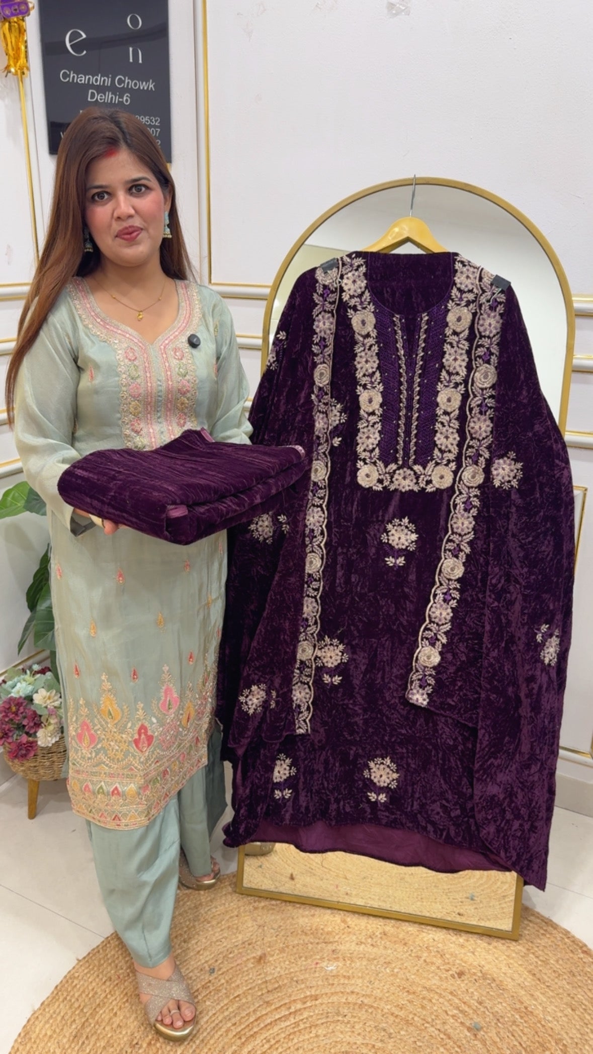 Winter special premium crushed velvet suit material ,velvet shirt with full embroidery and embellishments along with full length embroidery dupatta and premium crushed bottom GF772