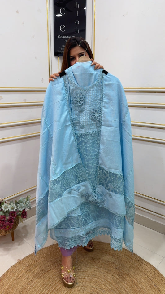 Latest and Designer Karachi Cotton Designer premium suit material along with Karachi style laces dupatta GF1101 Baby Blue