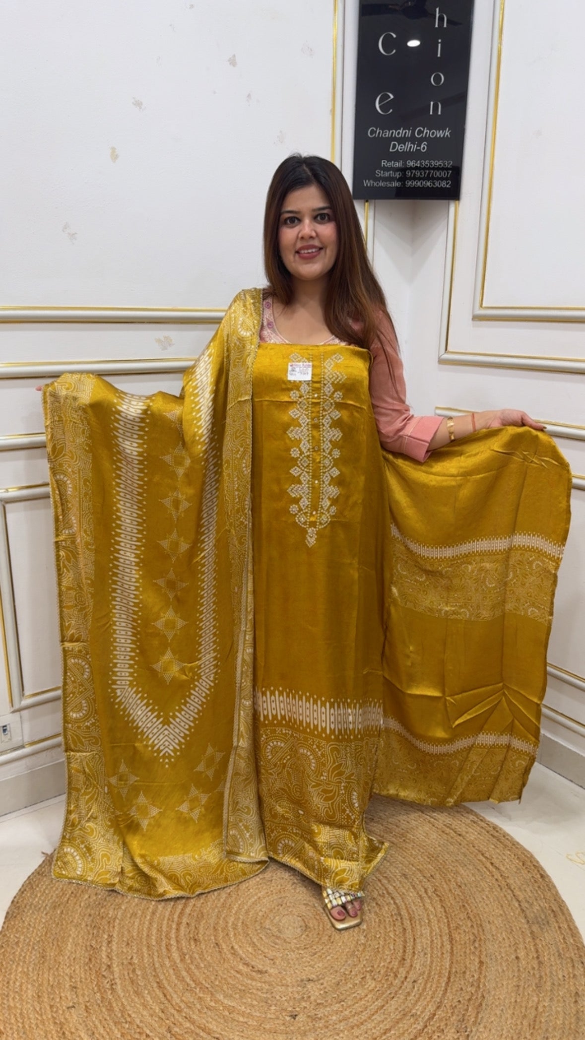 Gajji Silk magic ,pure original designer printed gazzi silk suit material along with Beautiful neck work and pure Gajji silk printed dupatta GF1143 GOLDEN YELLOW