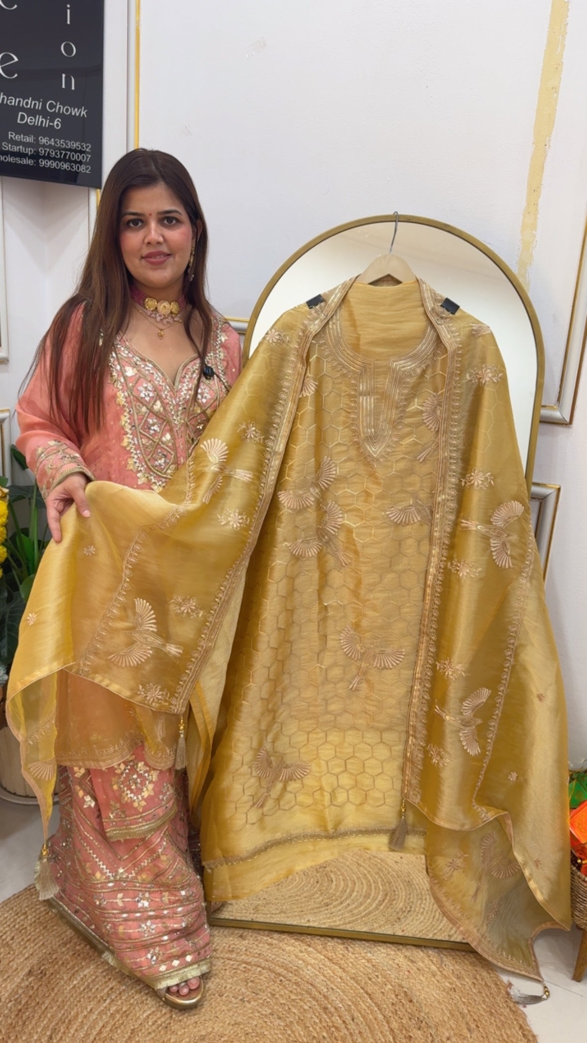Embroidered premium shimmer tissue silk latest suit material with flamingo embroidery dupatta GF691