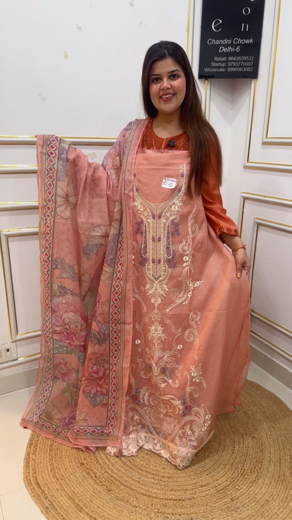 Karachi special embroidery pure Mul Mul designer full embroidered suit material along with digital printed Mul Mul dupatta GF1139 PEACH