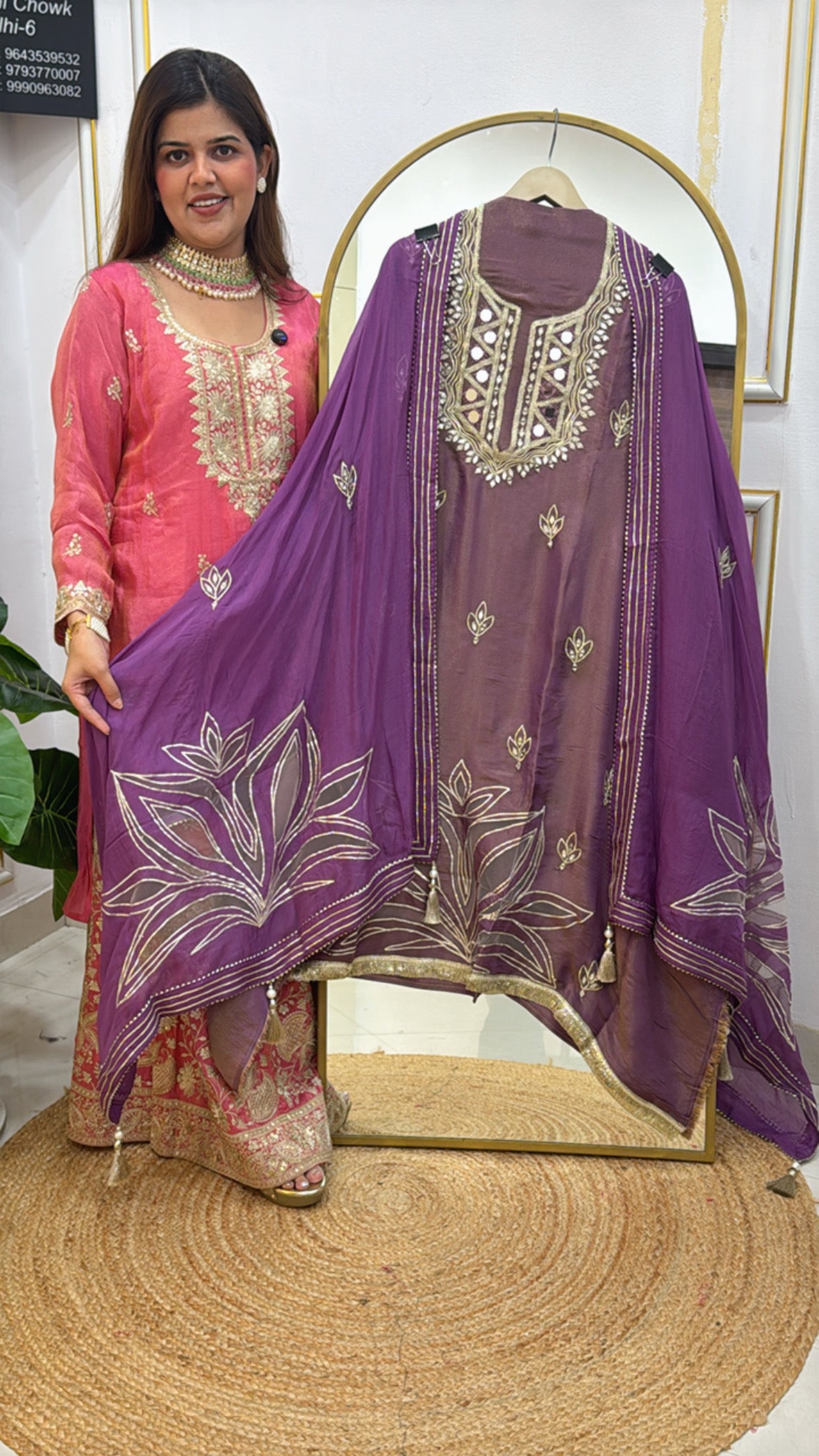 Latest and designer pure shimmer silk suit material along with neck mirror work and very unique applique detailing all over shirt and dupatta GF 599