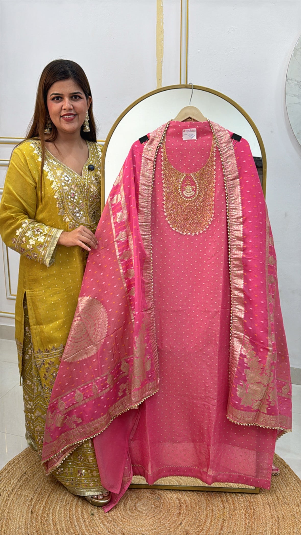 Partywear manual unique handwork suit material with full length weaved dupatta along with silk bottom GF483