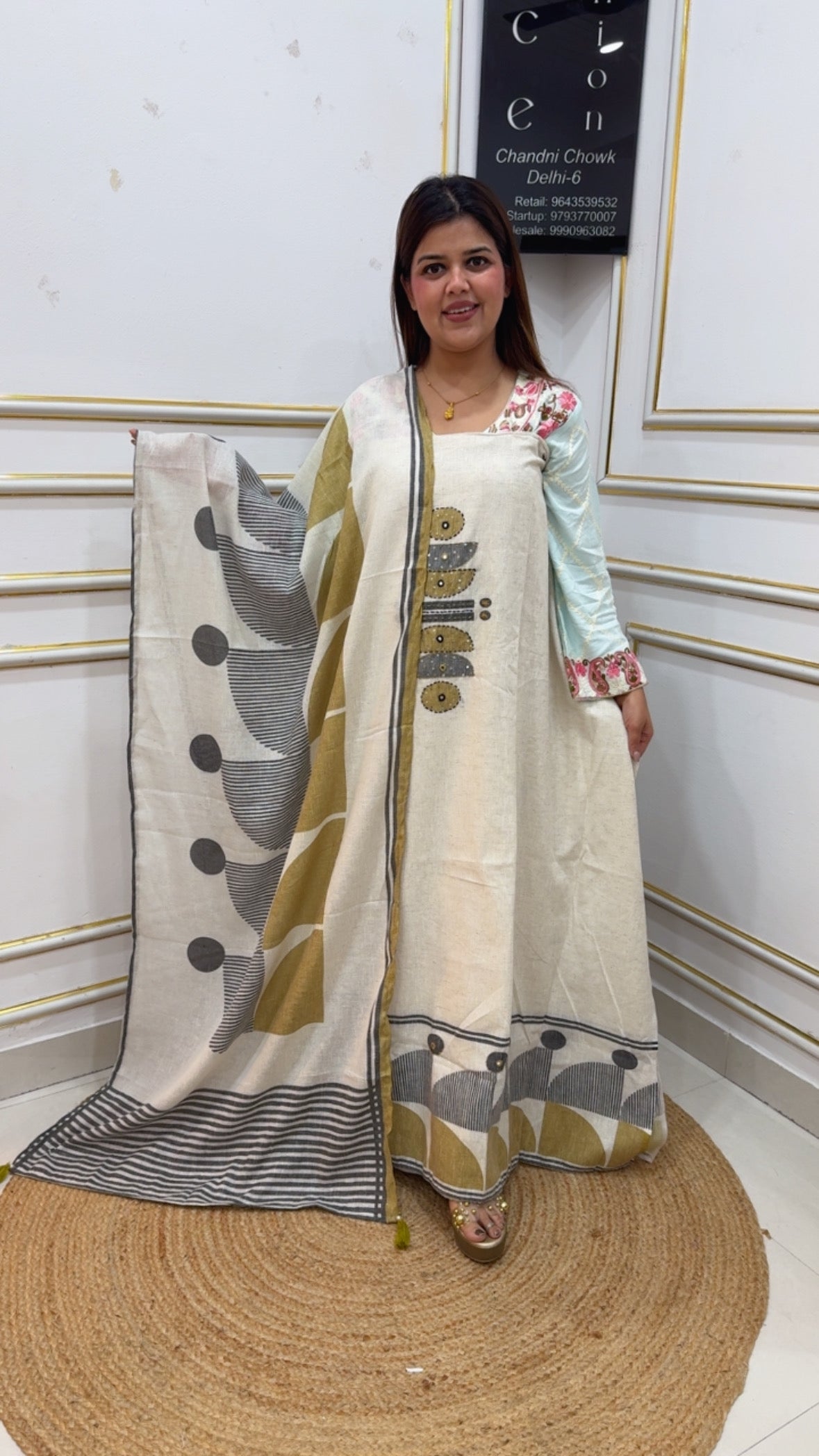 Pure cotton khadi linen printed designer suit material along with beautiful abstract printed dupatta GF1130 IVORY WITH YELLOW