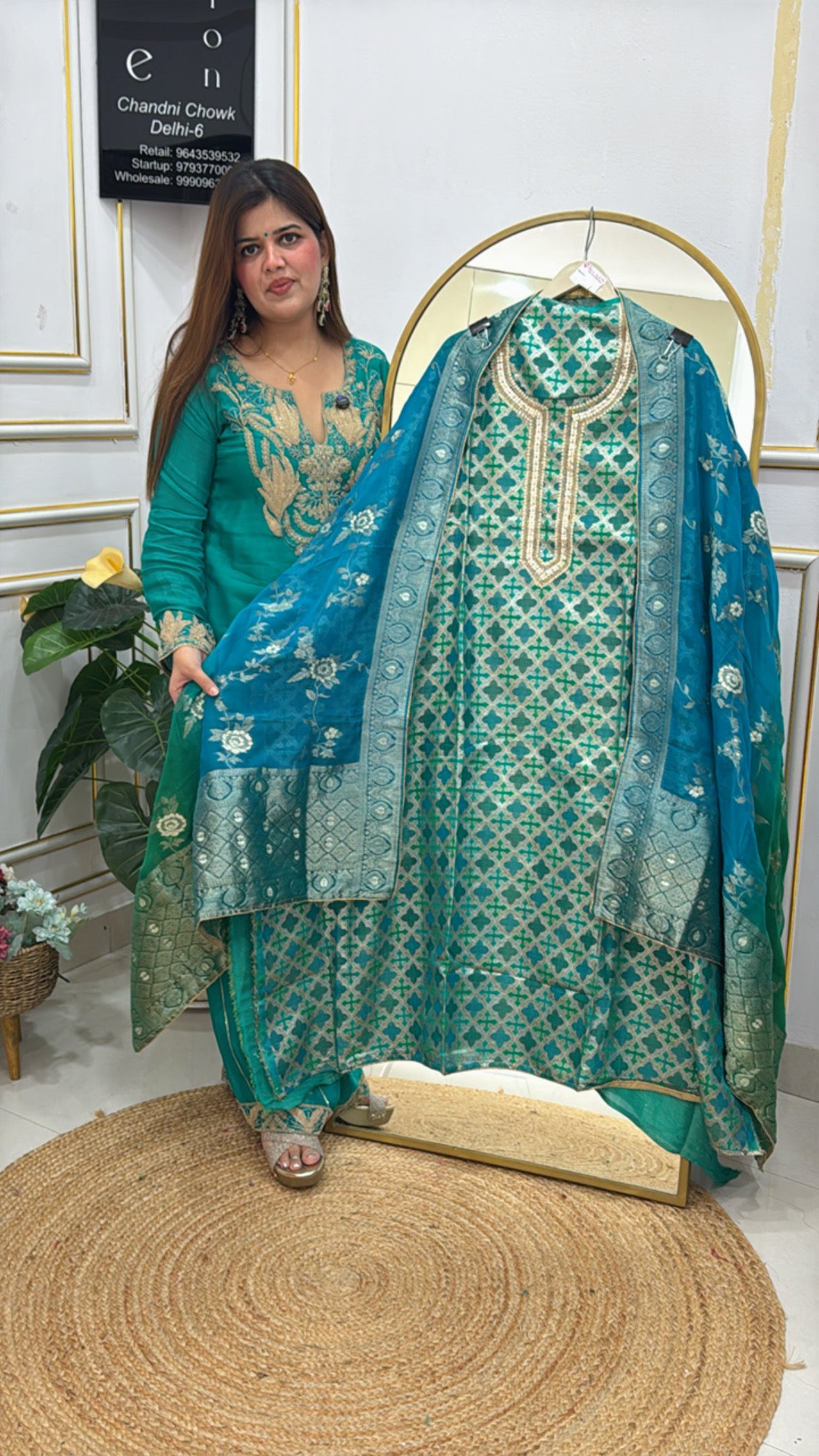 Royal and elegant wedding special kanjivaram weaved pure silk suit material along with triple die organza silk weaved dupatta GF616