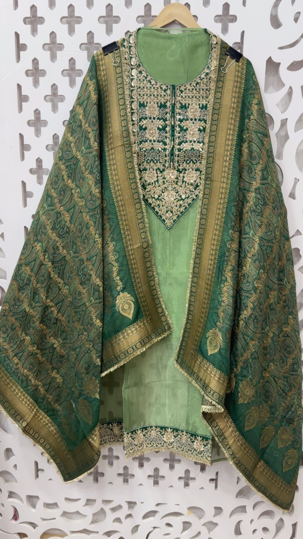 Jackpot series elegant and royal pure premium shimmer glass tissue full neck work suit material along with Banarasi digital printed weaved duapatta GF823