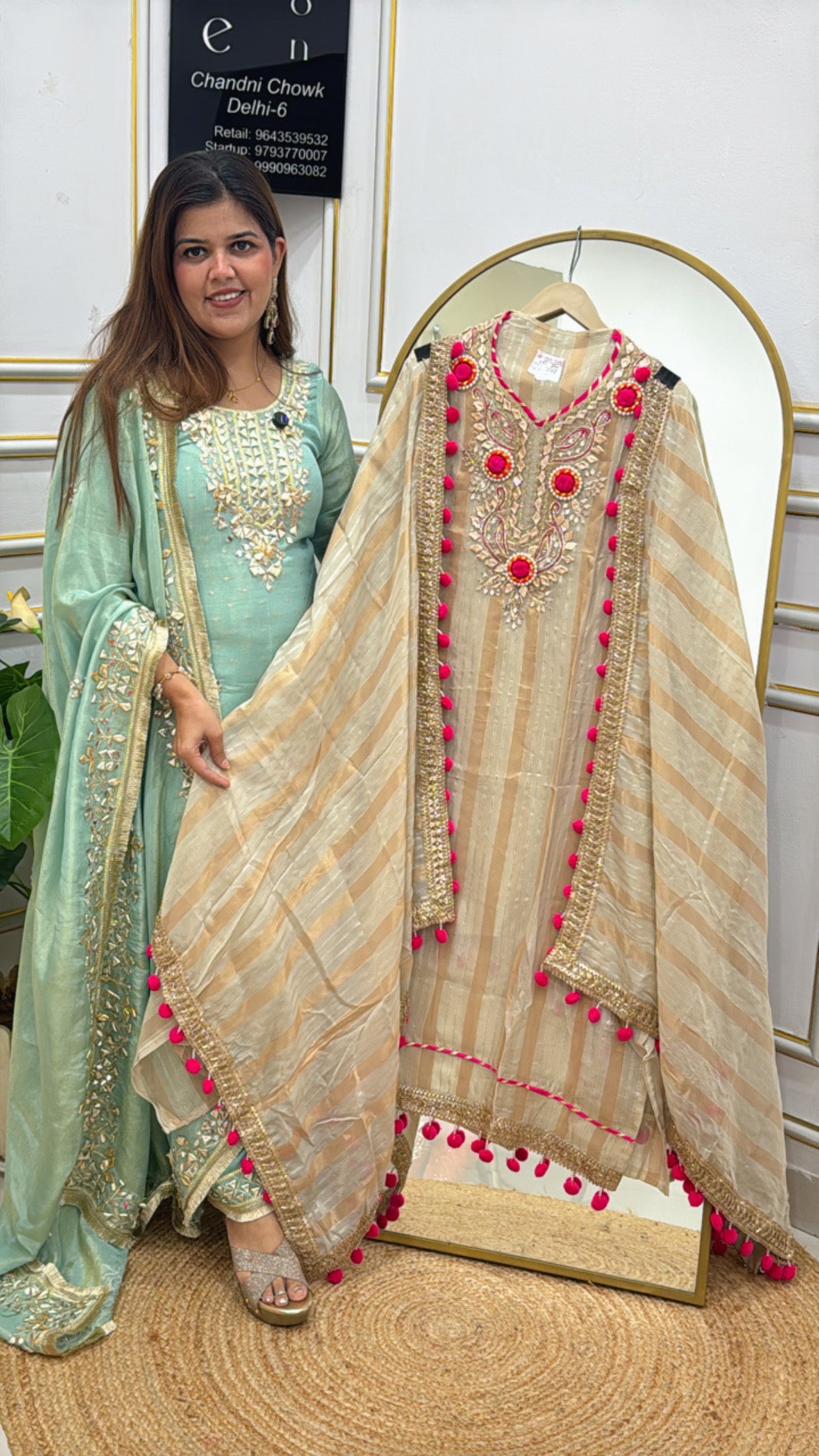 Designer latest golden ivory shimmer silk suit material along with gota neck work with full pom-pom detailing shirt and dupatta GF 576