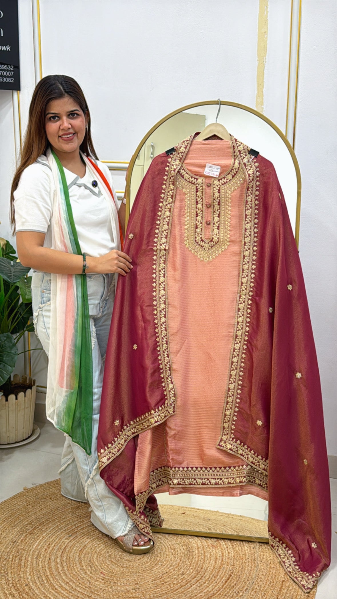 Designer Soft Shimmer Tissue Suit with Zardozi Work & Contrast Dupatta – Glam Look GF 470