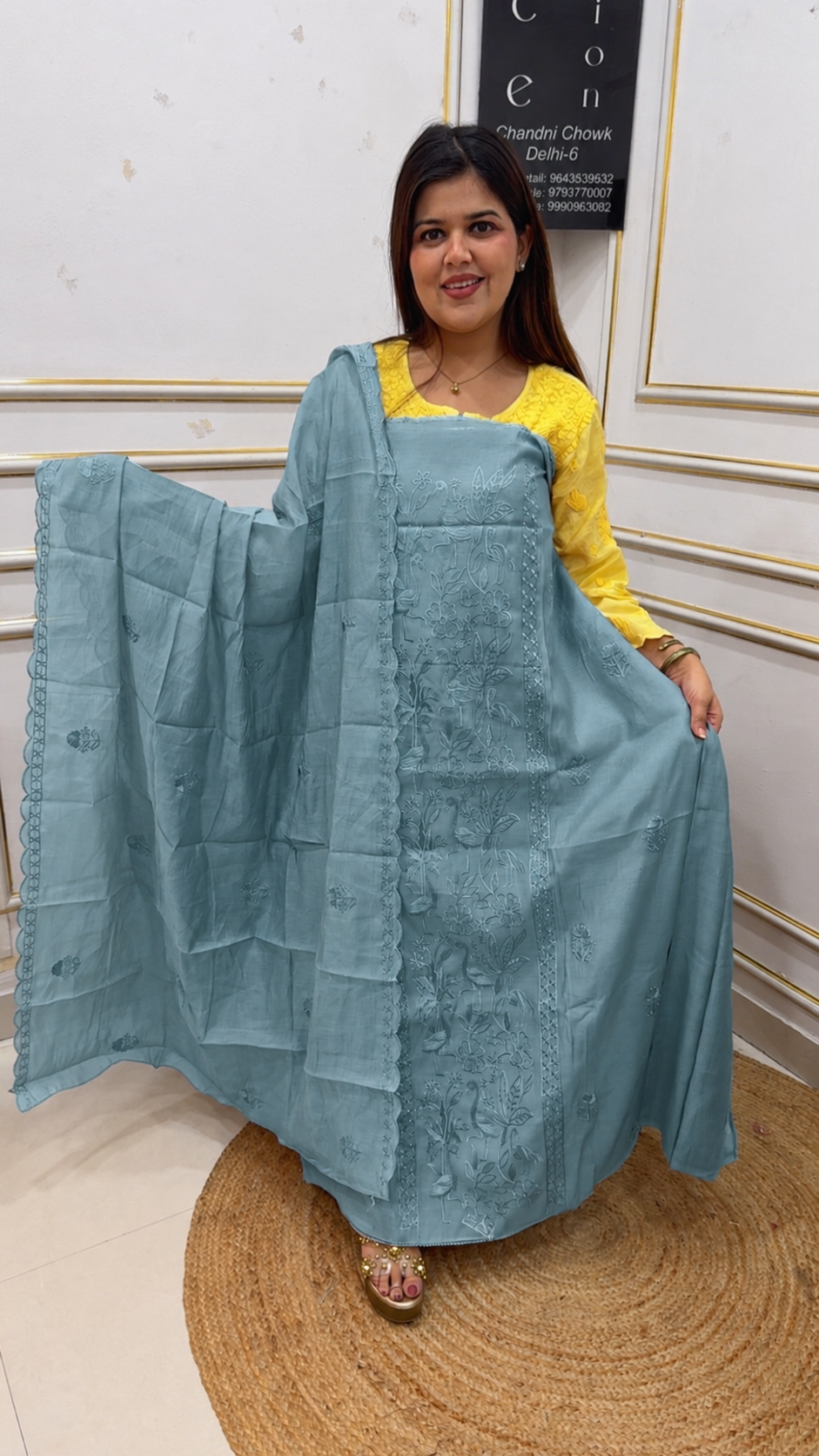 Summer special cotton Mul full flamingo embroidery detailing suit material along with full dupatta work gf1203 Smoky Sky Blue