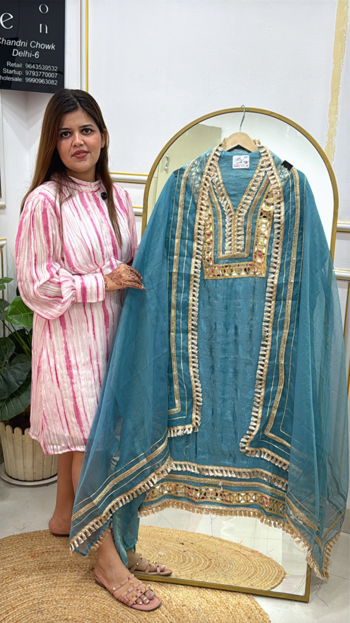 Pure Weaved Silk Suit with Mirror Neck Detailing &amp; Designer Organza Dupatta GF 410