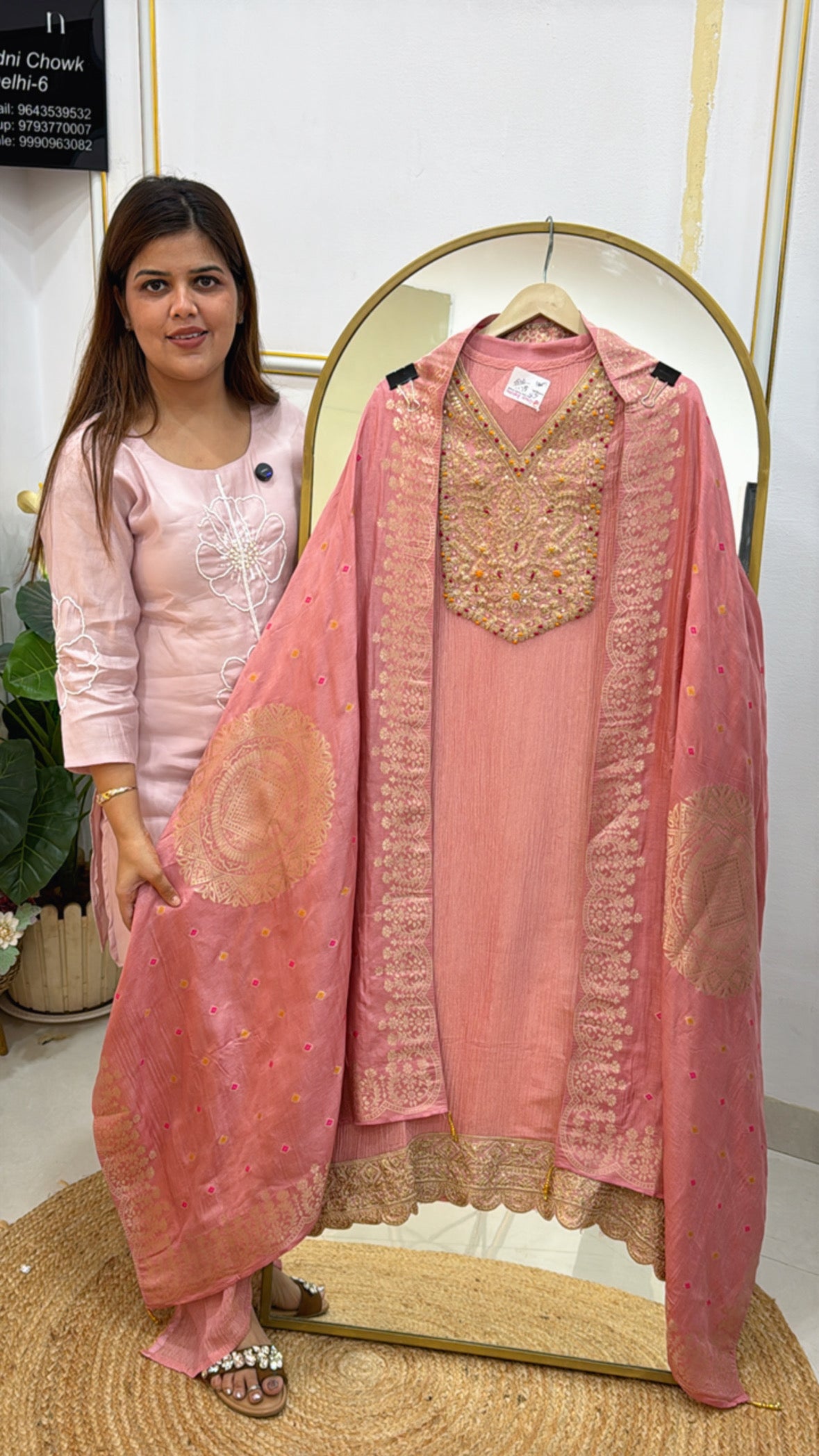 Pure Crushed Shimmer Silk Suit with Zardozi Neck &amp; Kanjivaram Dupatta GF 468