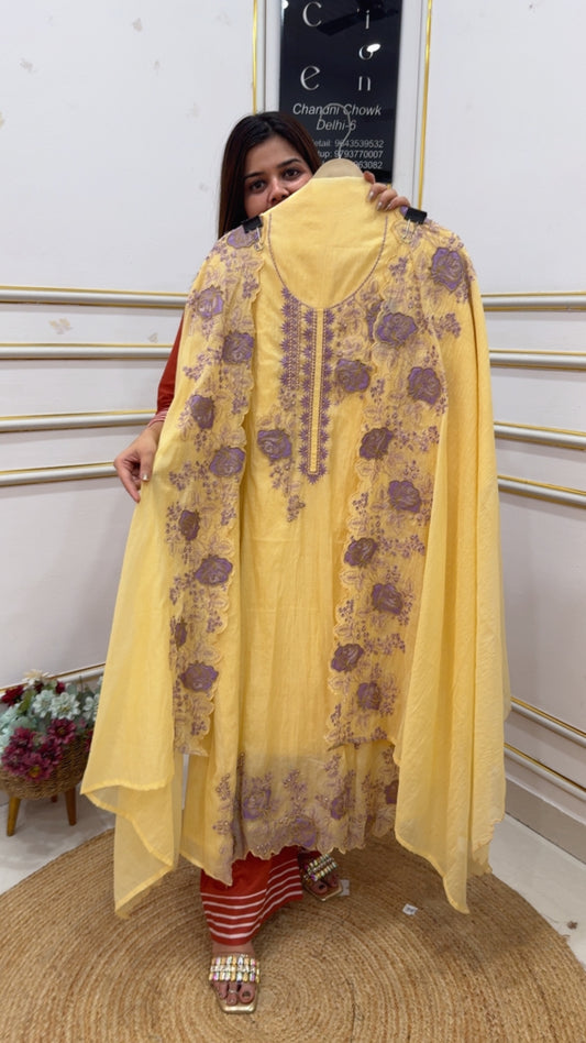 Pure Mul Mul cotton designer hand crafted latest luxurious exhibition special series designer summer special suit material GF1106 LIGHT YELLOW
