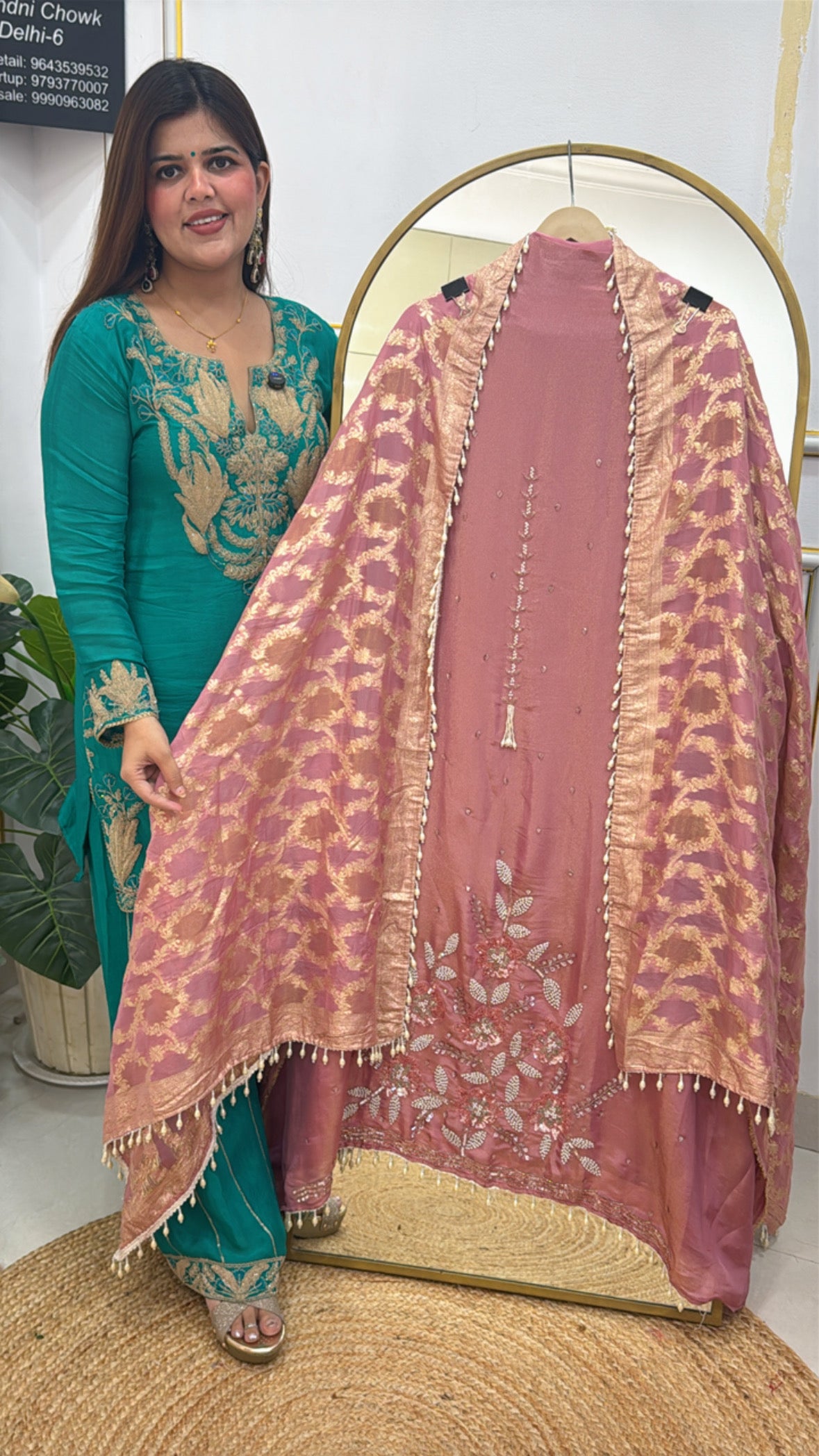 Partywear pure shimmer silk designer handwork suit material along with heavy weaved silk dupatta GF612