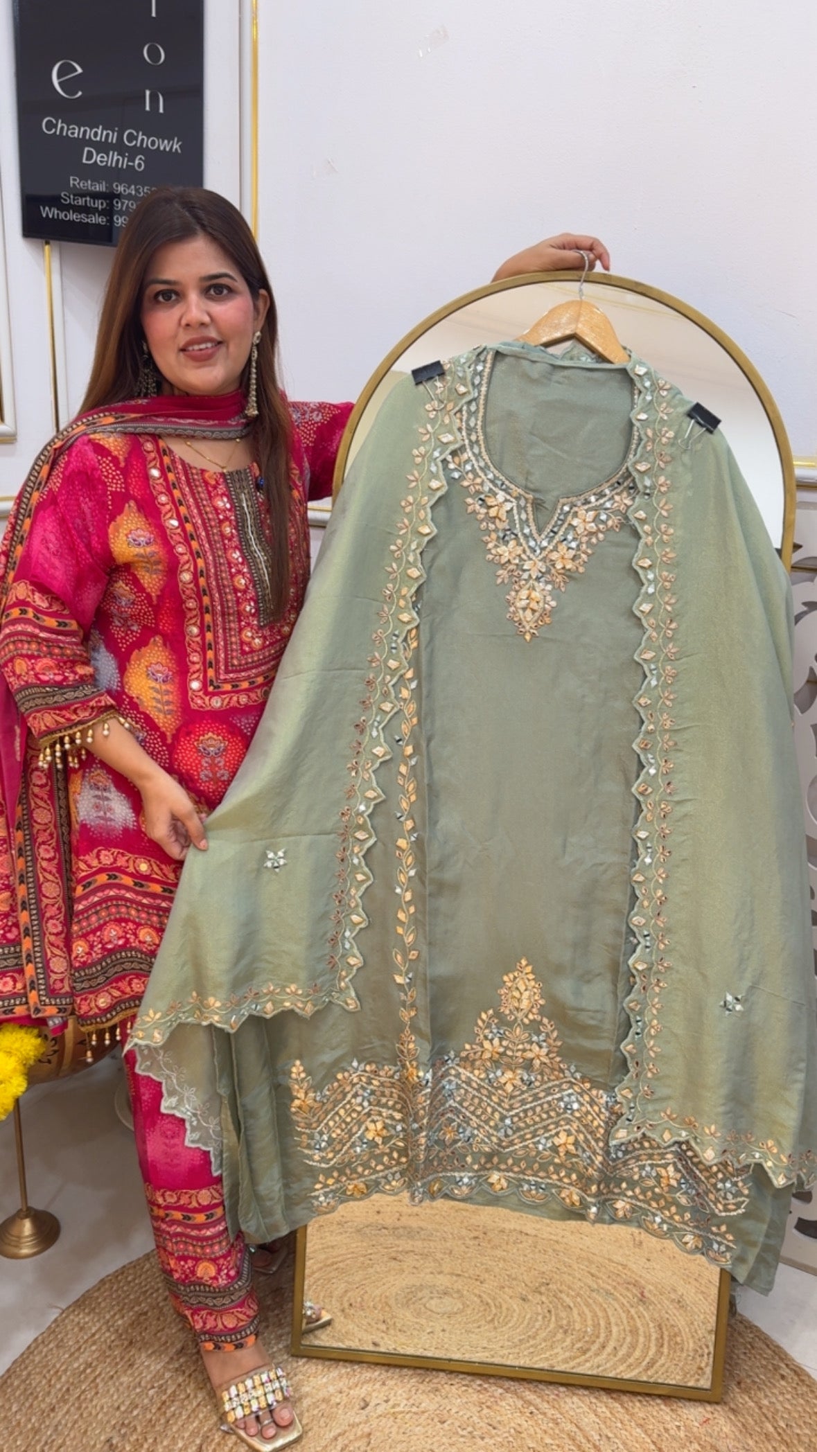 Best seller premium pure gota work designer partywear suit material with premium shimmer silk dupatta GF735