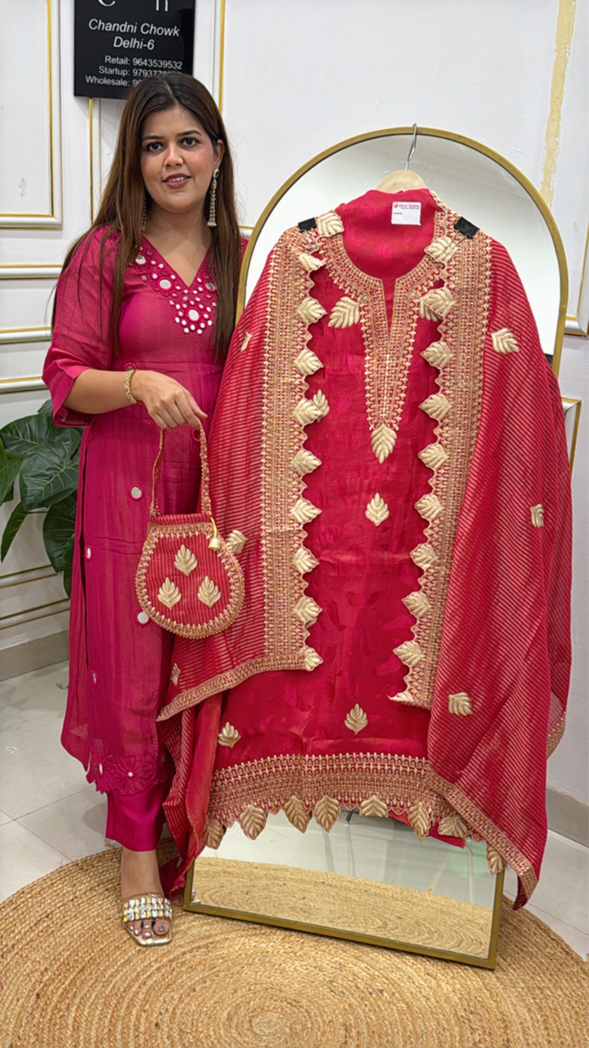 Best seller pure silk light weighted suit material with applique cut work dupatta along with potli GF490