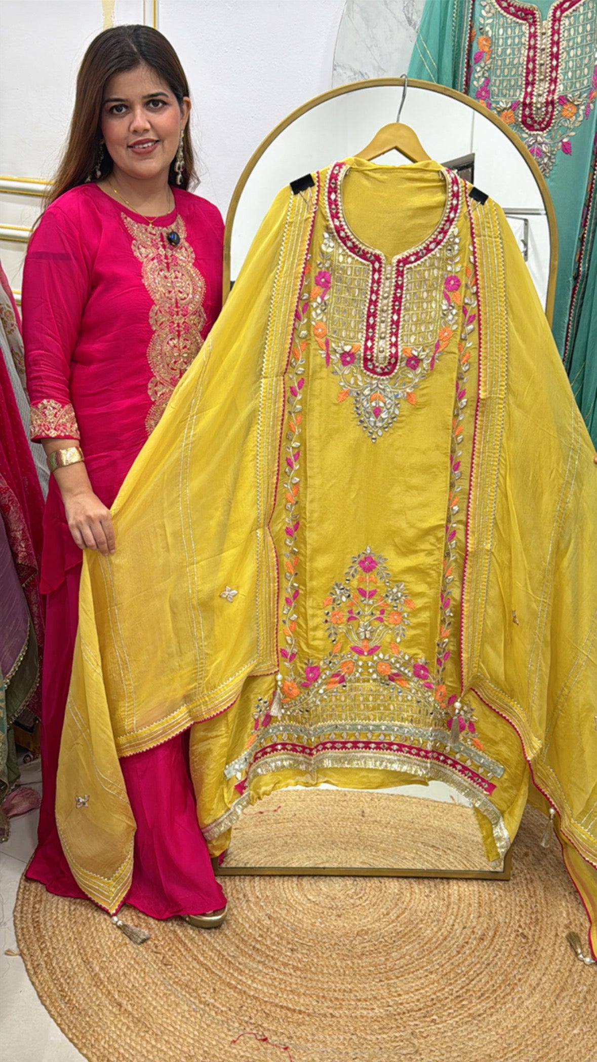 Designer partywear special pure silk premium gota work suit material along with designer heavy dupatta GF 556