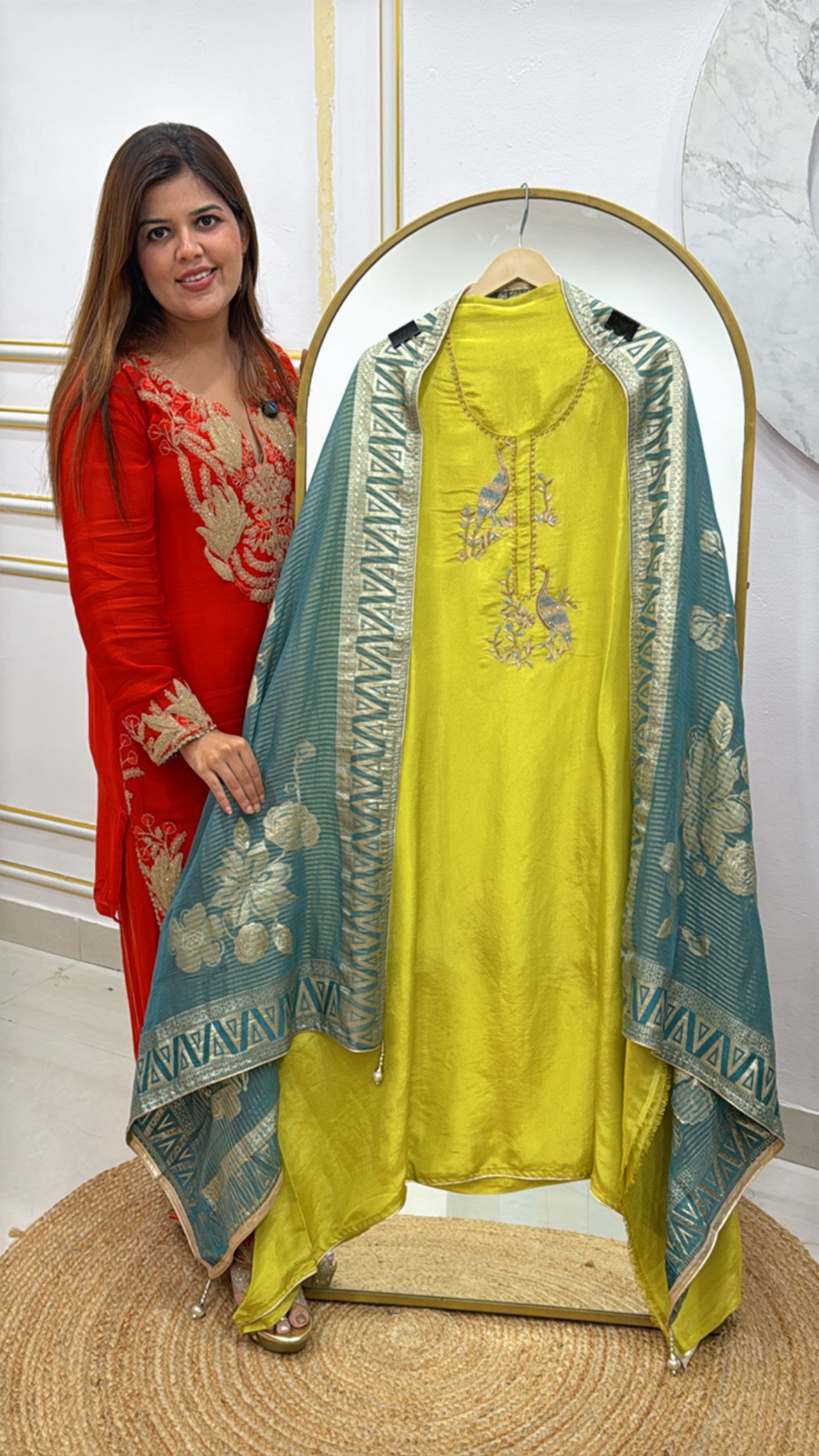 Premium and delightful pure silk suit along with royal neck handwork with ultra luxury silk weaved dupatta GF493