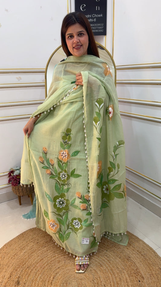 Mul Mul and hand painted most demanded brush painted suit material pure chiffon along with hand bead pearl work and hand painted dupatta GF1028 Pastel Mint Green