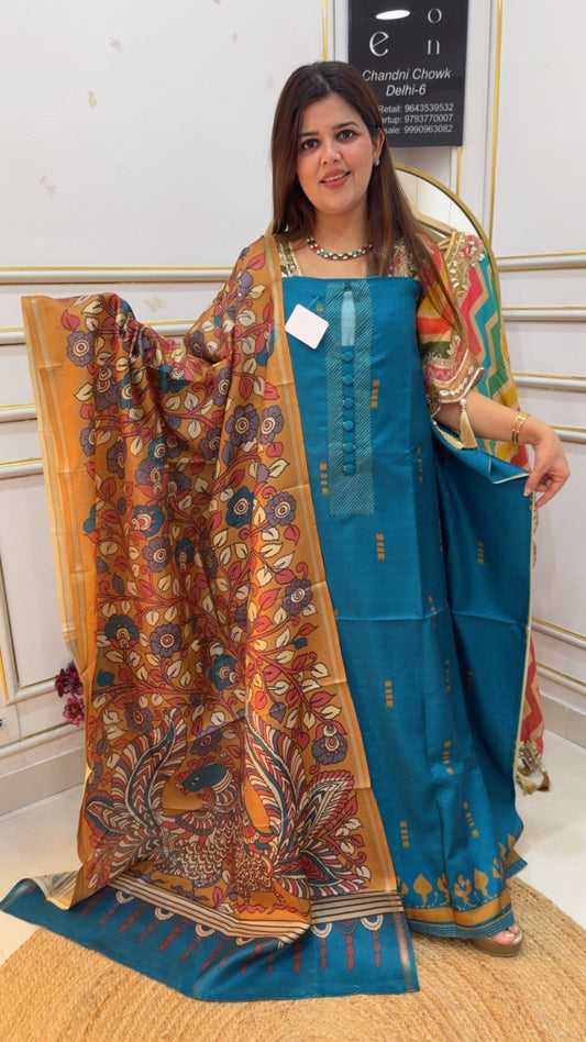 Design semi partywear tusser silk suit material along with designer tusser silk royal printed dupatta 1050 BLUE