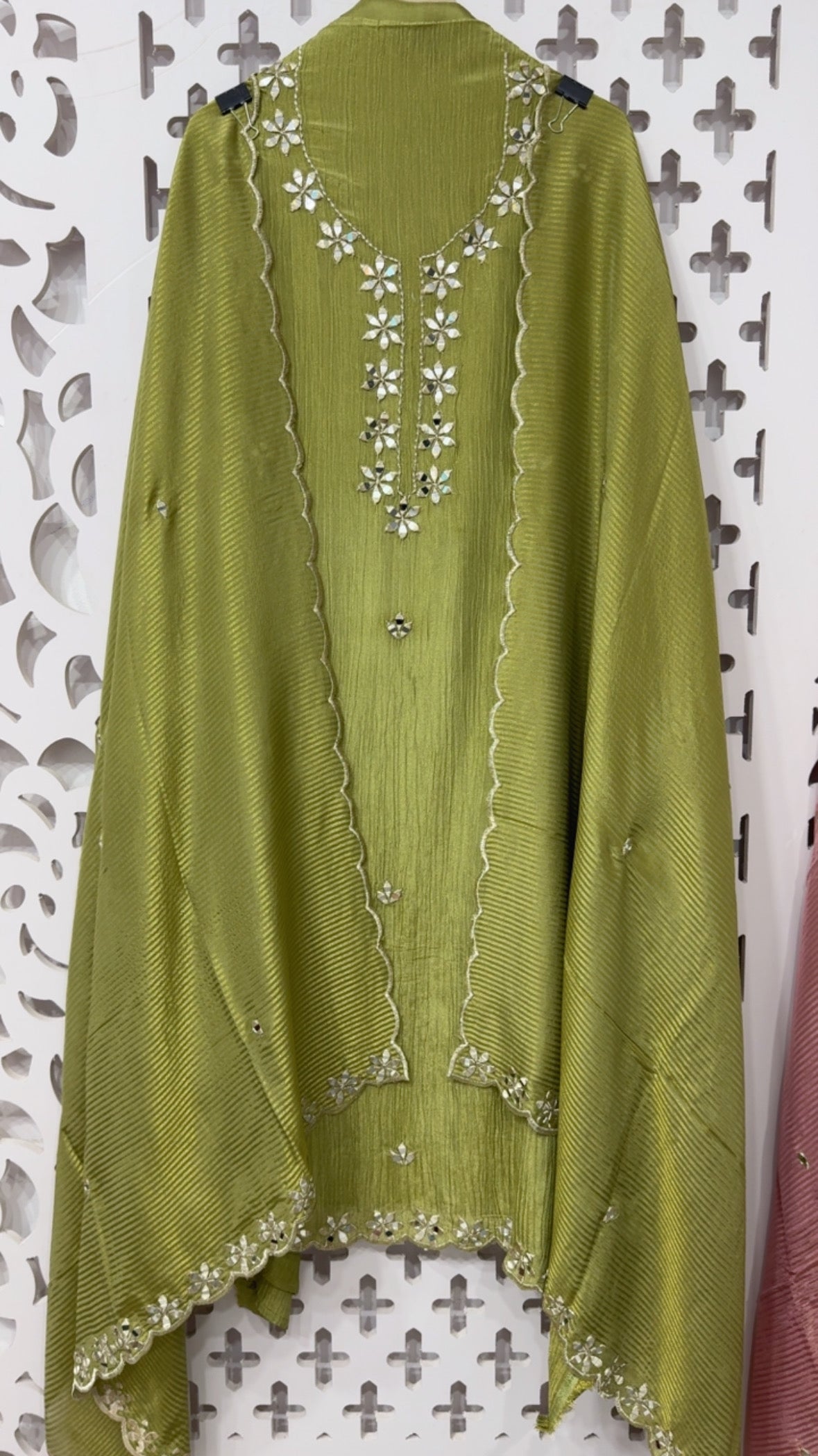 Jackpot series Designer premium pure crushed silk mirror handwork designer suit material with royal crushed silk dupatta and silk bottom GF815