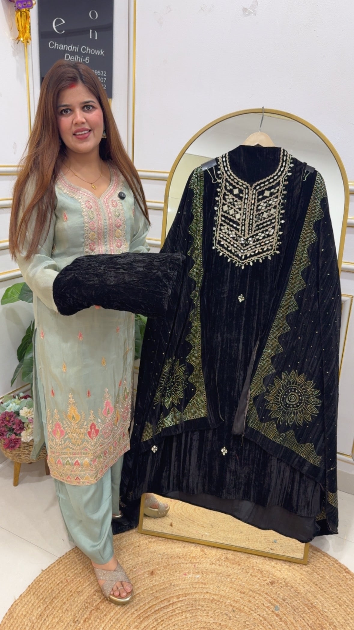 Premium and huge demanded pure 9000 grade velvet suit material with mirror handwork embellishment along with premium crushed velvet all over Mukesh work dupatta with premium quality bottom material GF770