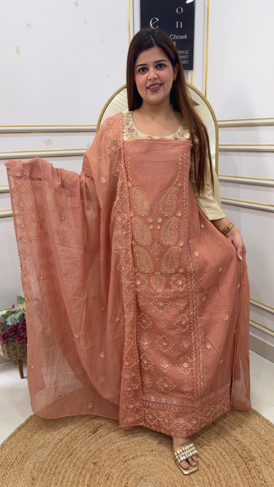 Pure Mul Mul luxury series premium pearl bead work detailing along with Mul Mul handwork dupatta very royal and classy GF 1033 PEACH