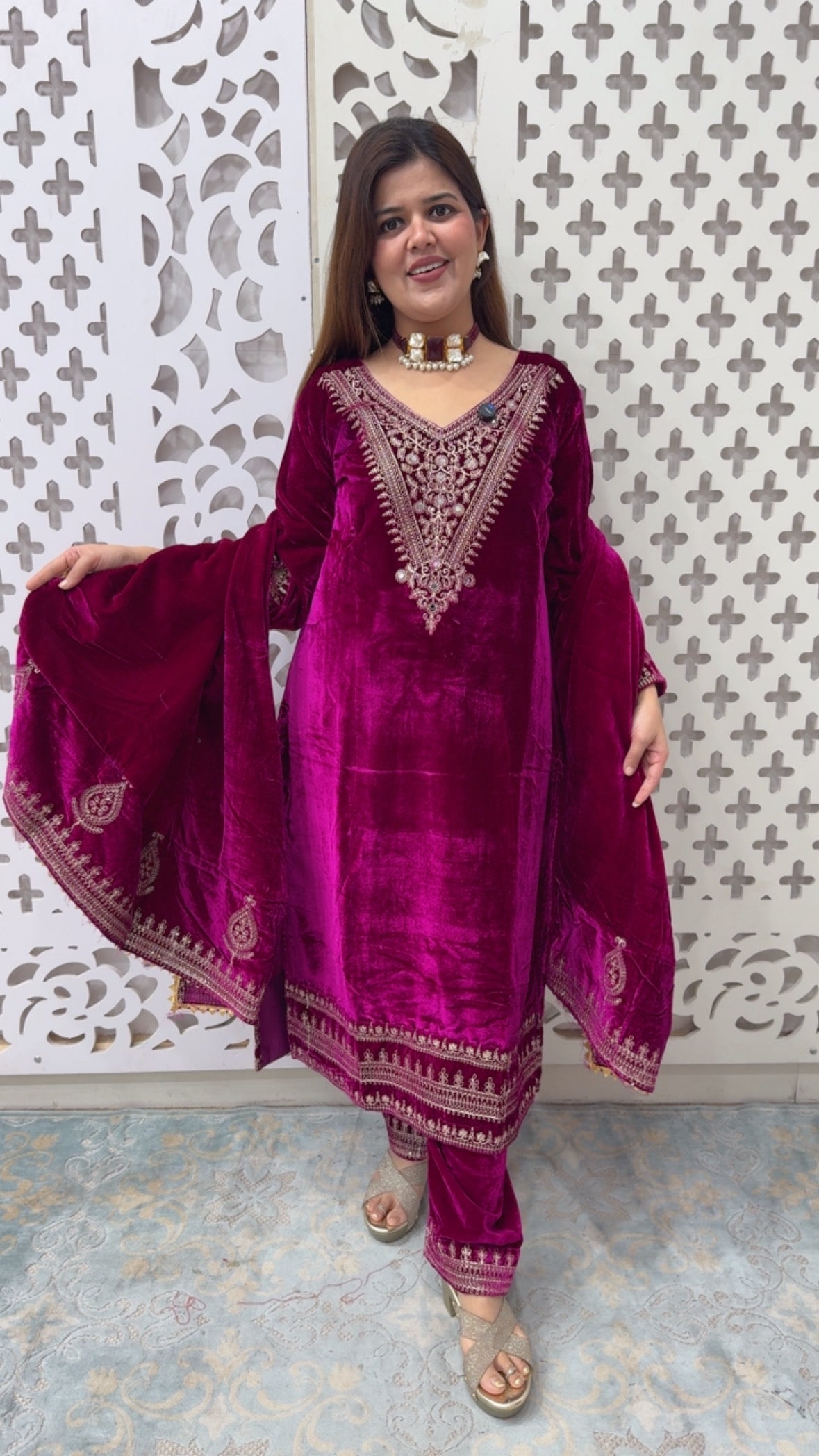 Ready to wear velvet partywear dress suit with full front back embroidered work along with full work velvet dupatta GF857