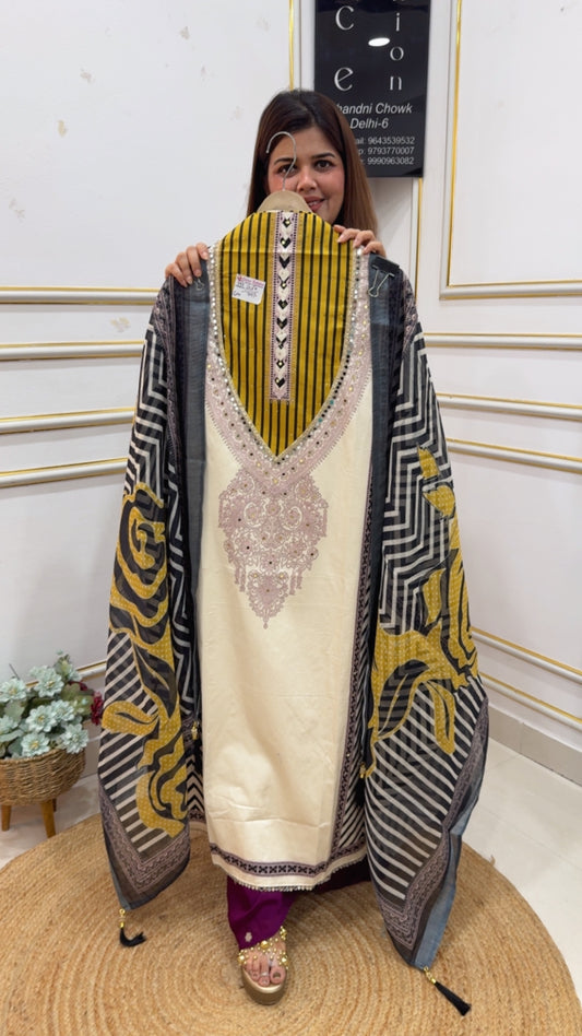 Latest Summer special pure cotton suit material along with beautiful front and Designer back print pure pure linen dupatta GF1100 Yellow