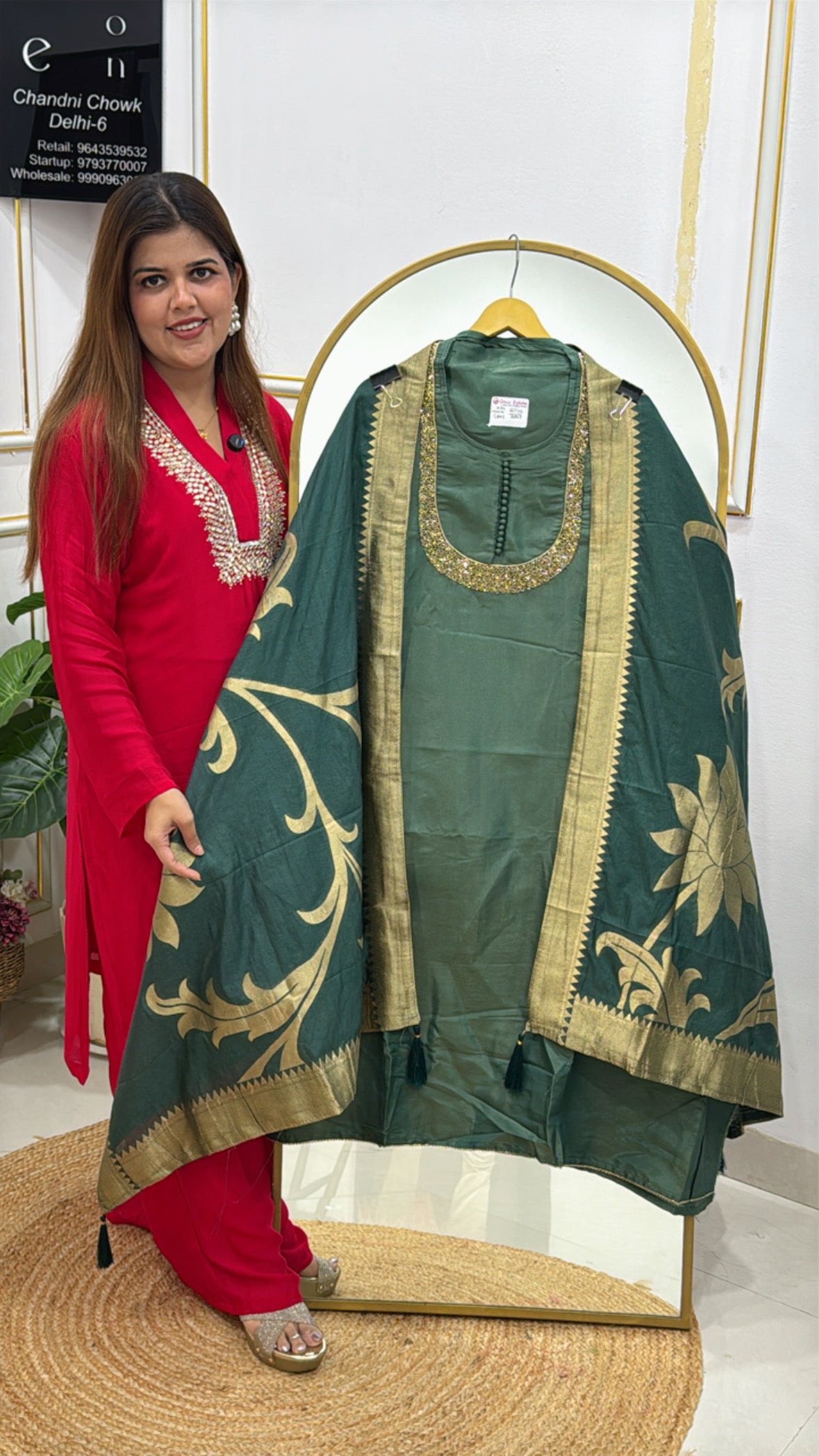 Pure Soft Shimmer Silk Shirt with Handwork Neck &amp; Weaved Banarasi Dupatta GF 525