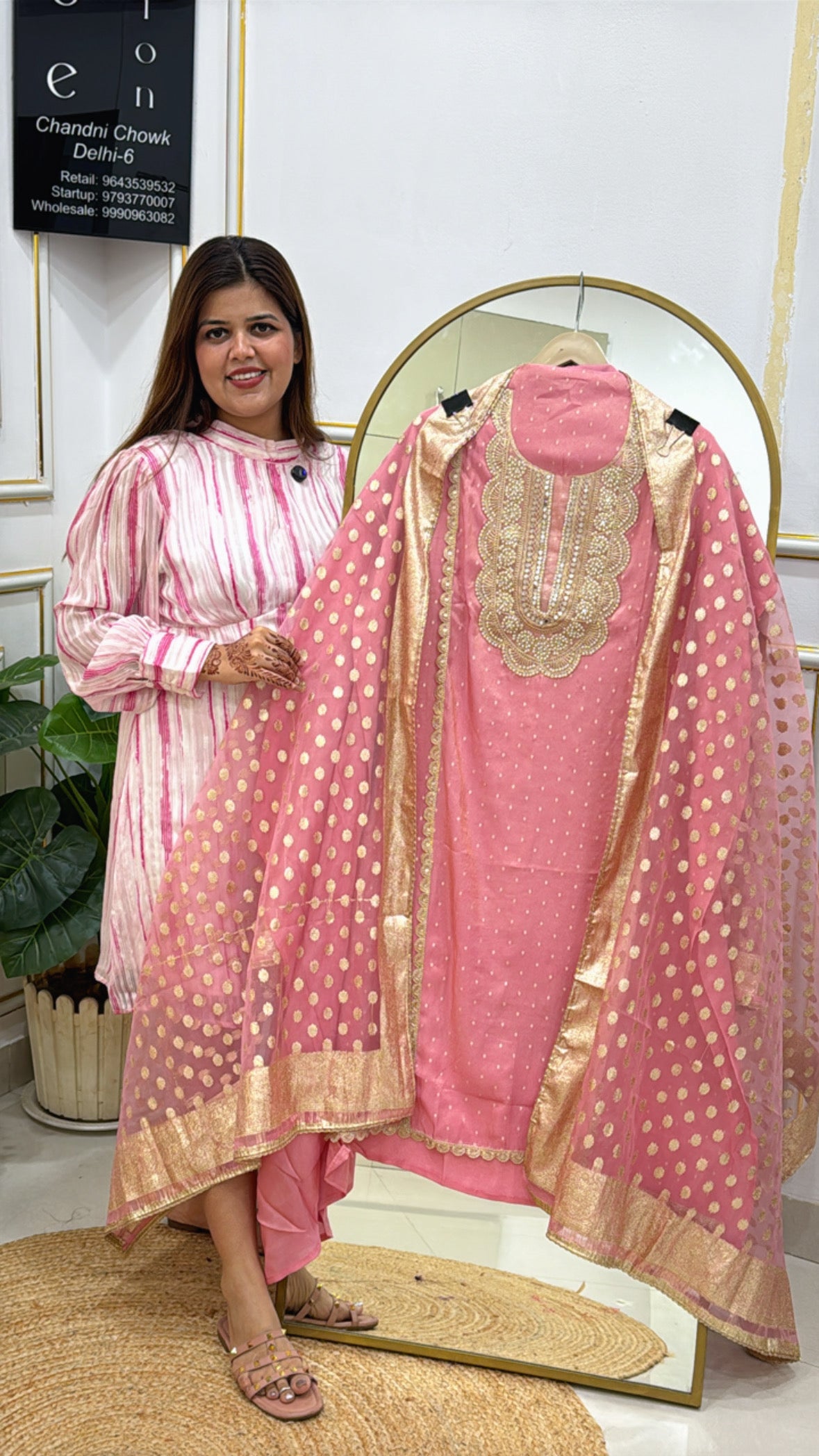Designer Pure Silk Suit with Pearl &amp; Mirror Neck Work and Weaved Organza Silk Dupatta GF 411