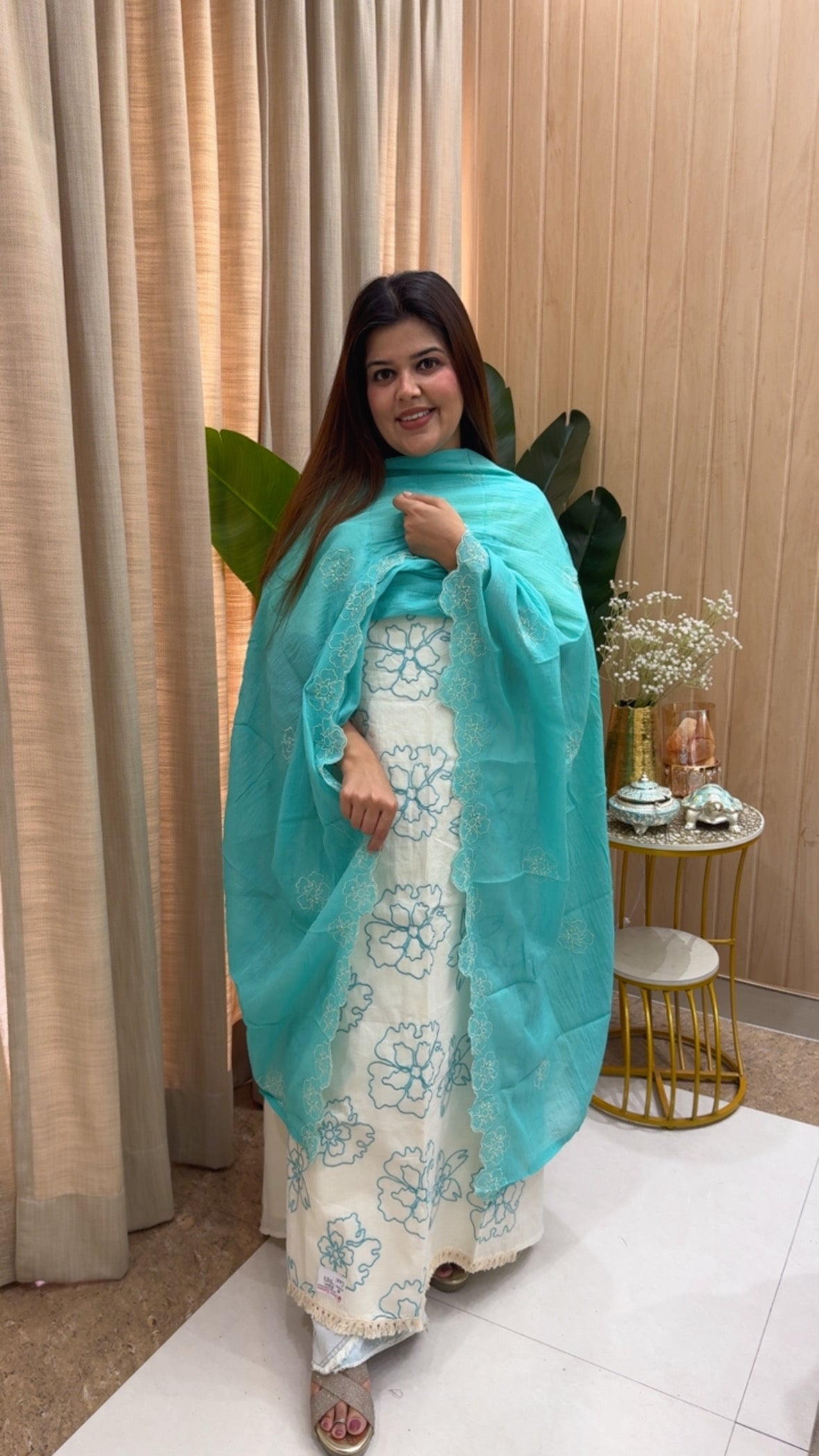 Summer special pure cotton polka style applique embroidery suit material with embroidery dupatta GF1176 Skyblue and White