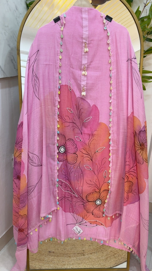 Pure Mul Mul very unique and classy hand painted suit material along with Mul Mul hand painted dupatta with sequence work GF1020 Pink