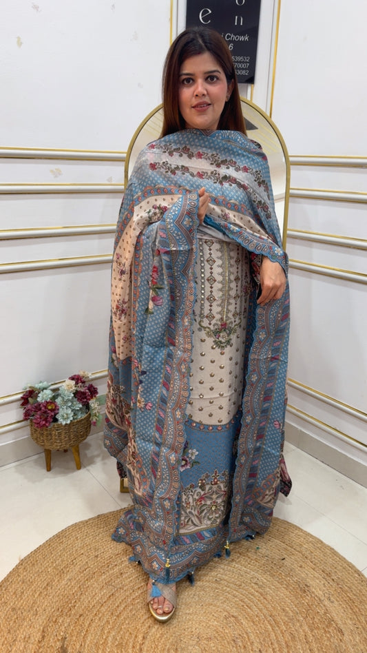 Premium ultra luxurious pure crape digital handwork series with Karachi printed scalped crape dupatta GF1017 MIST BLUE