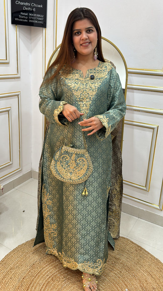 Trending one piece long side slit pure giraffe silk material viral single piece dress fits upto size 46 GF911