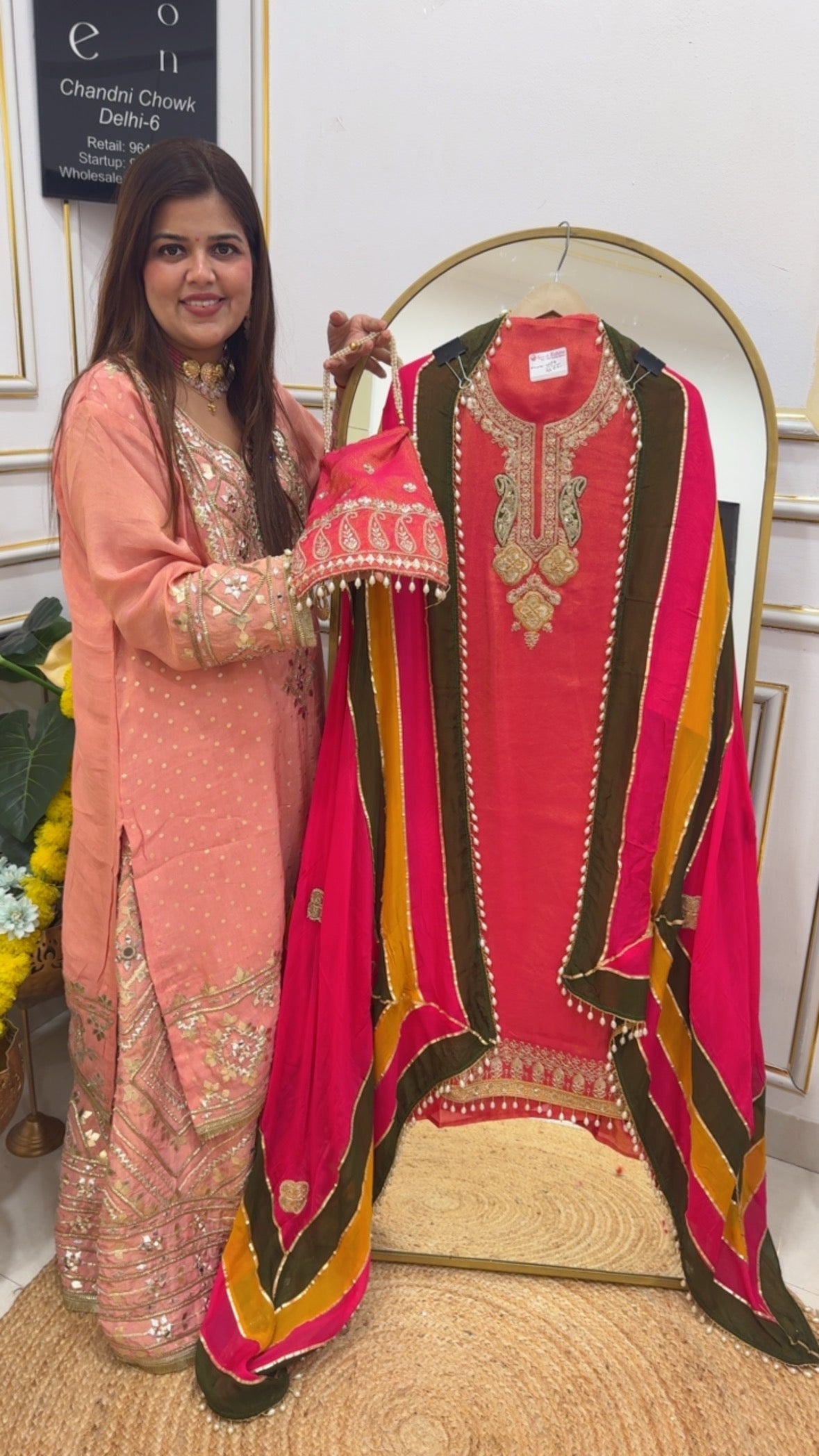 Wedding special premium shimmer silk suit material with deigner organza multi colour dupatta premium neck work with potli GF692