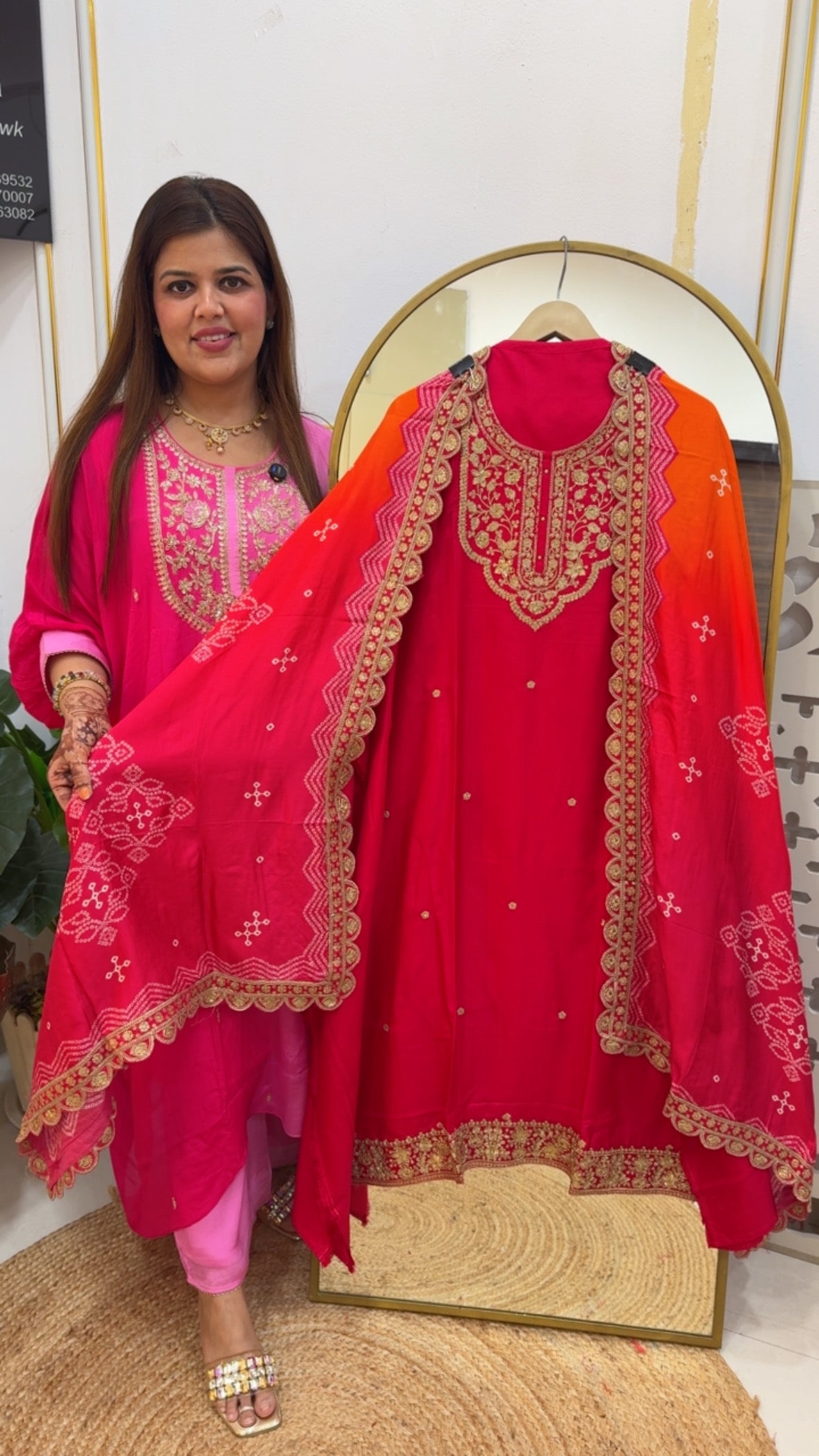 Premium pure partywear wedding style  jardosi neck sulk suit material work with bandhani printed full jardosi border dupatta GF 748