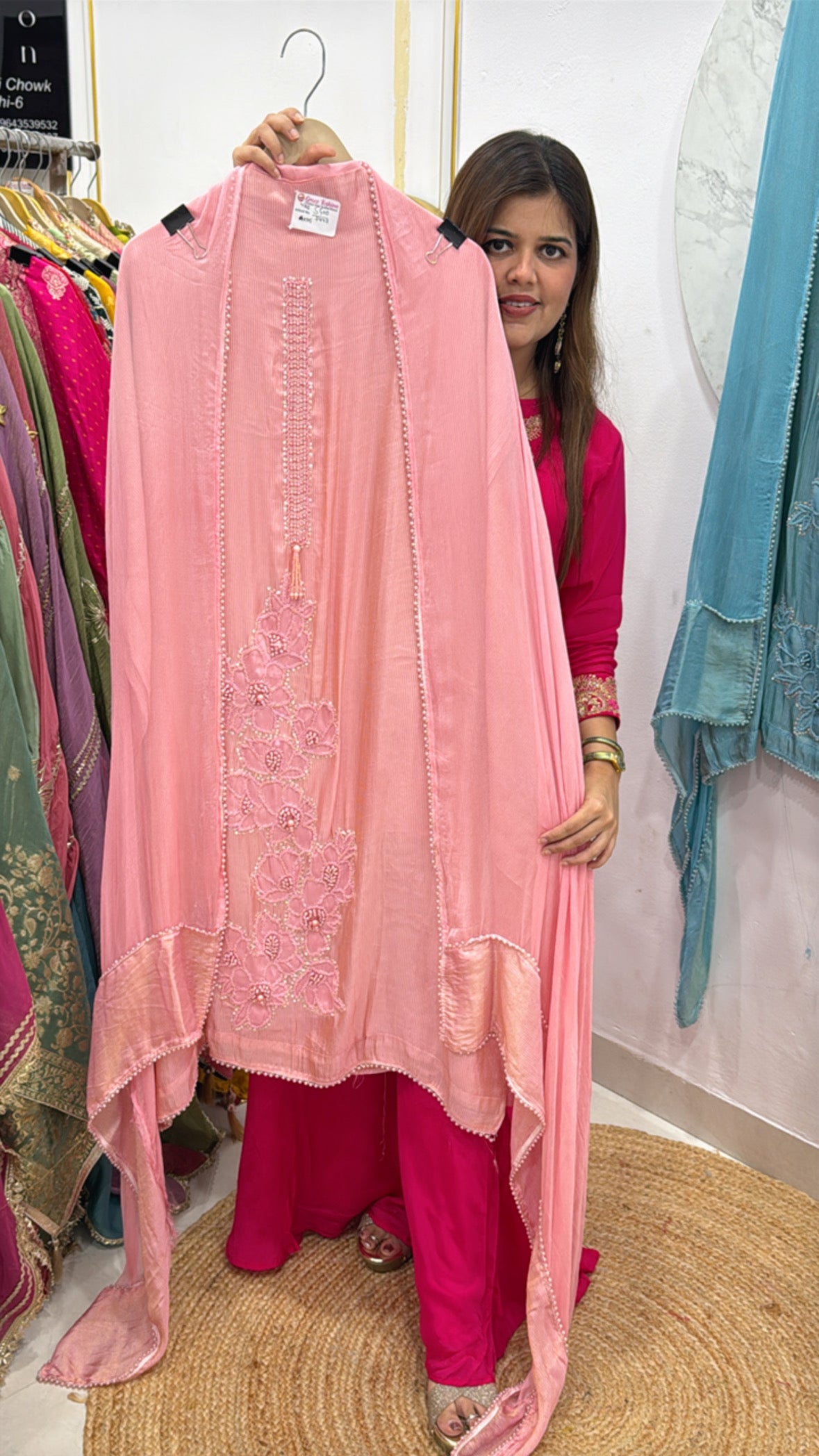 Royal pure burberry silk suit material along with designer 3d pearl handwork detailing with pure chiffon designer dupatta GF559