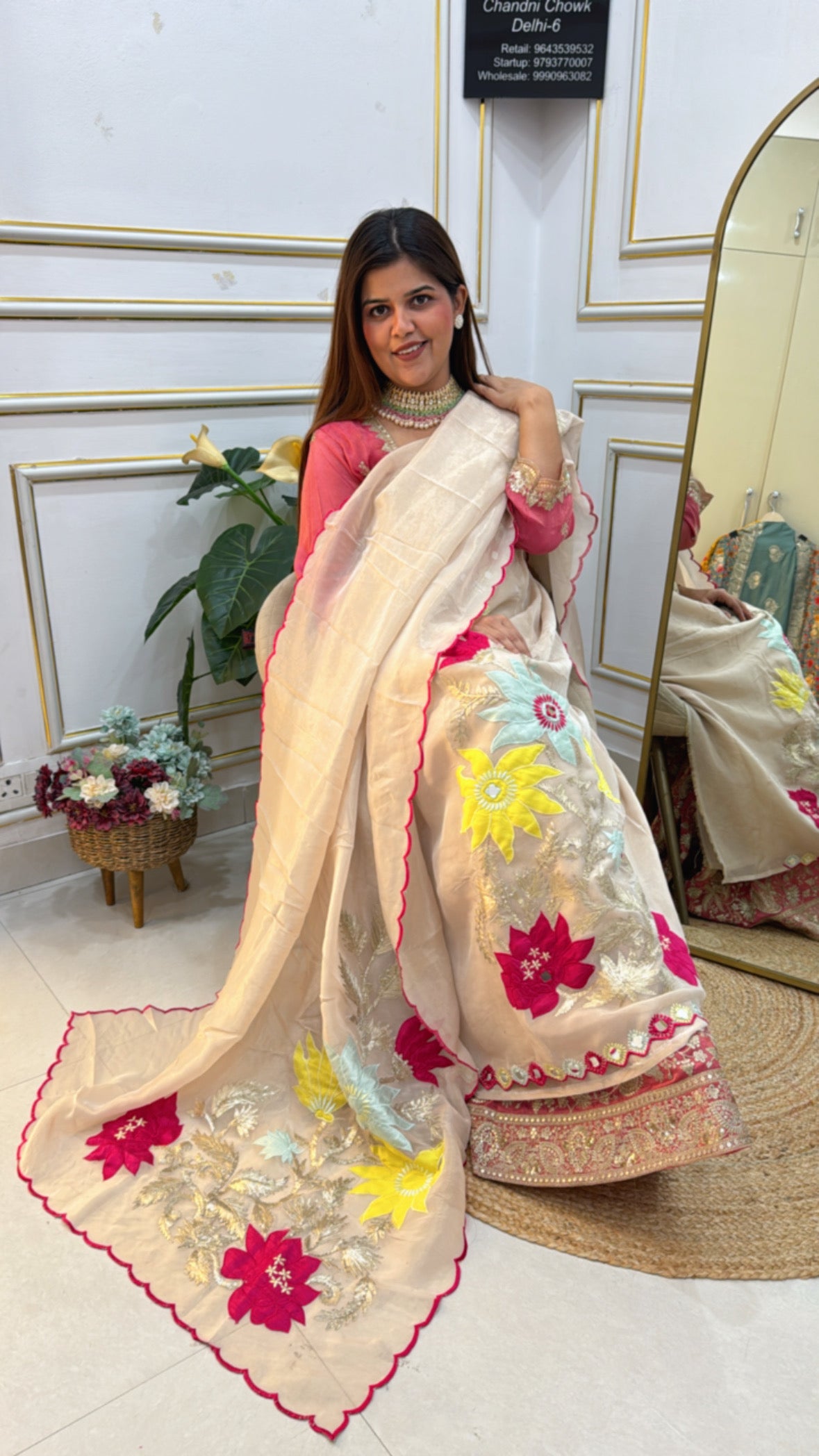 Seasons special pure shimmer silk golden ivory full applique work very designer suit material GF 601