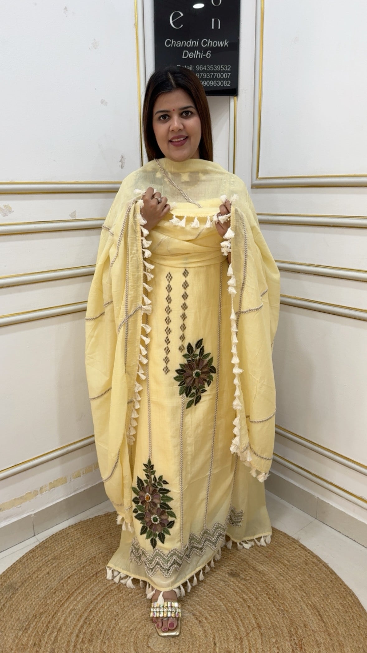 Ultra luxurious pure Mul Mul premium suit material with hand embroidery motif and stone embellishments along with bohemian look classy dupatta GF1145 LIGHT YELLOW