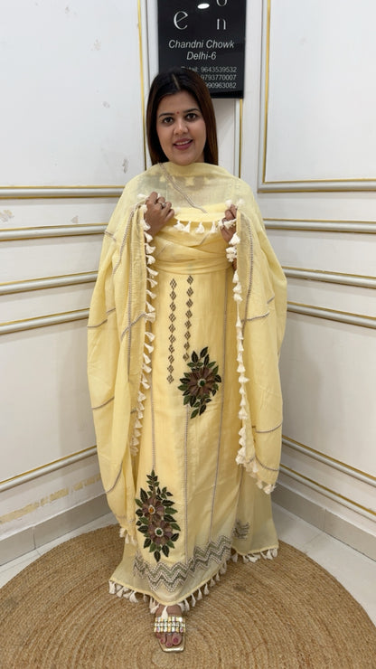 Ultra luxurious pure Mul Mul premium suit material with hand embroidery motif and stone embellishments along with bohemian look classy dupatta GF1145 LIGHT YELLOW