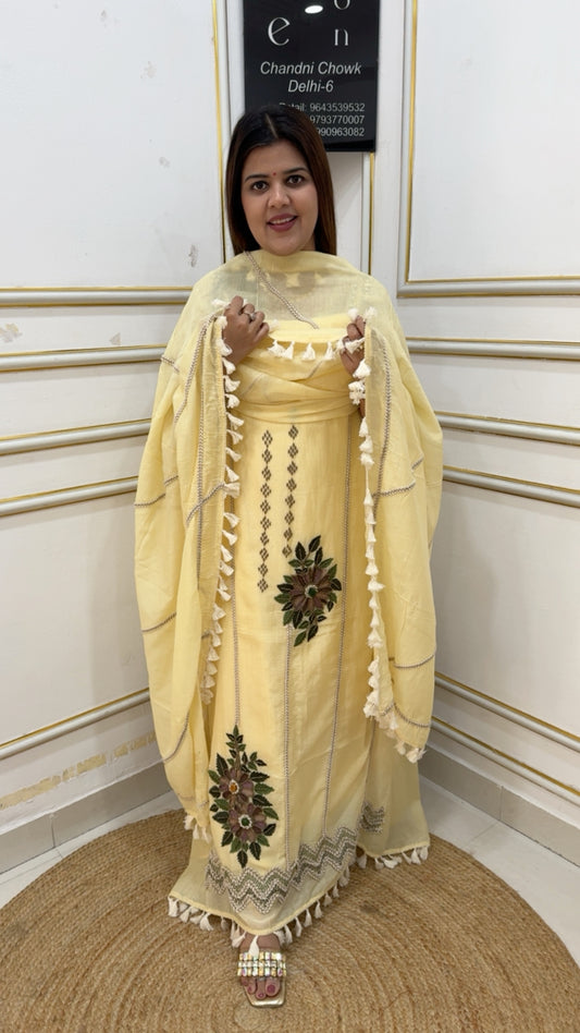 Ultra luxurious pure Mul Mul premium suit material with hand embroidery motif and stone embellishments along with bohemian look classy dupatta GF1145 LIGHT YELLOW