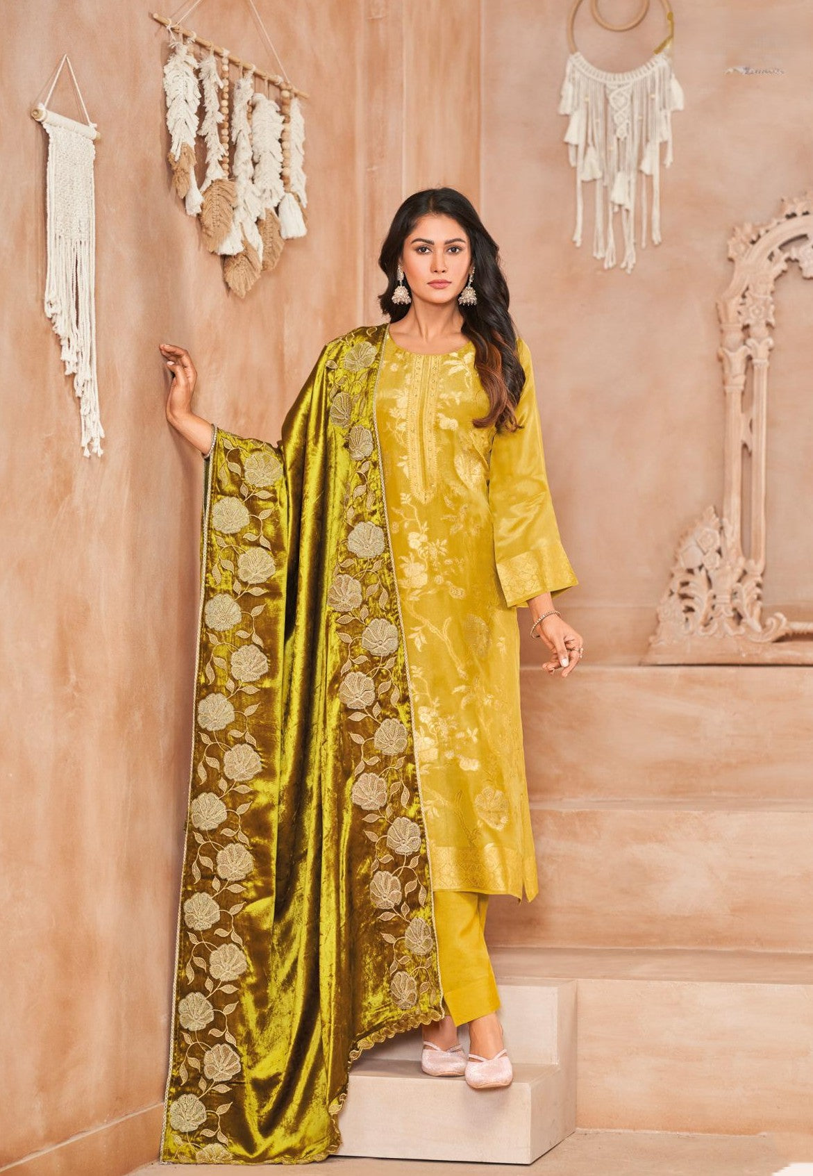Velvet Glam pure kajivaram Full weaved suit material with silk bottom along with embroidered Velvet dupatta GF730