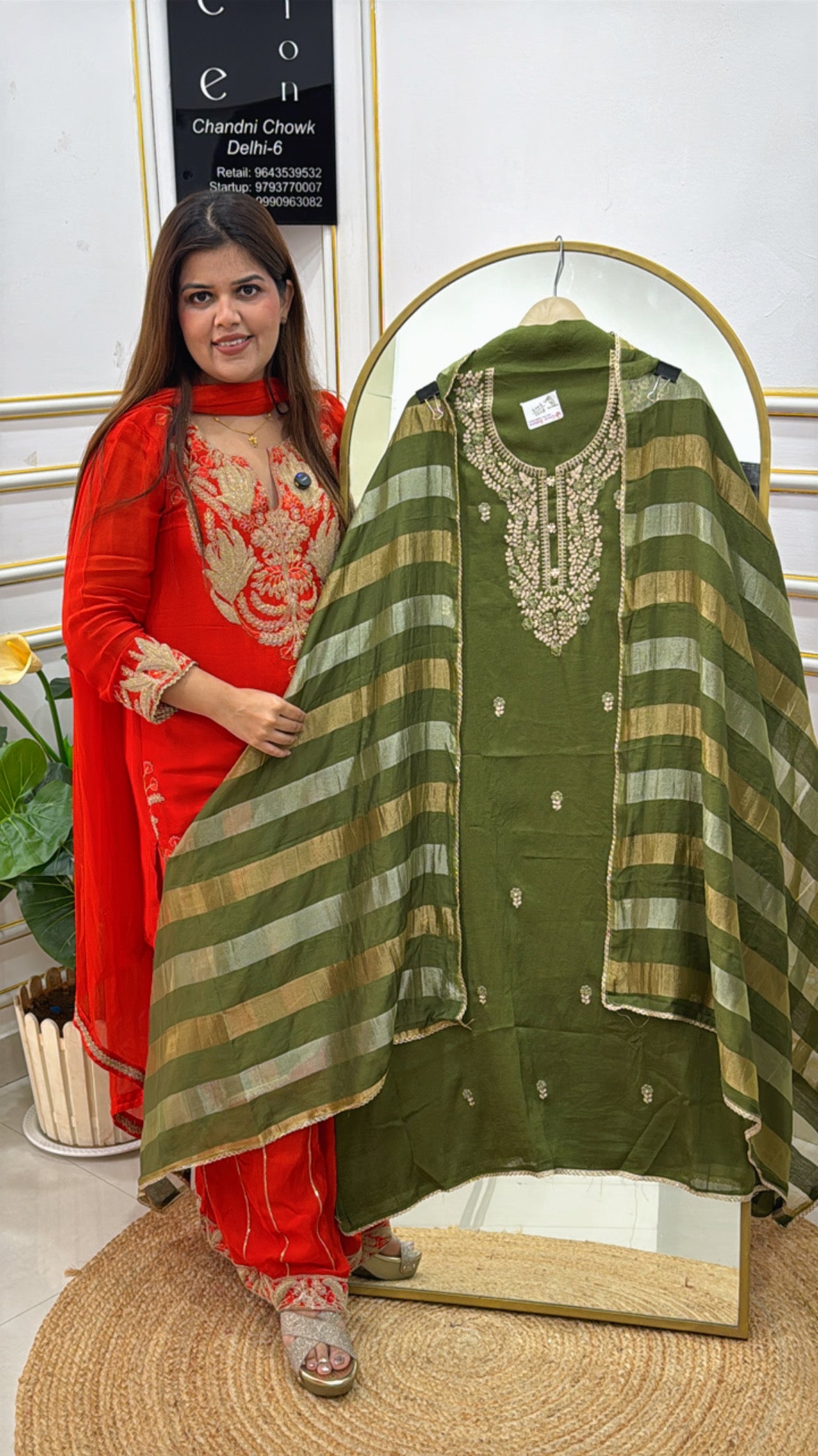 Semi partywear raw modal silk shirt with embroidered neck along with designer shimmer silk dupatta GF505